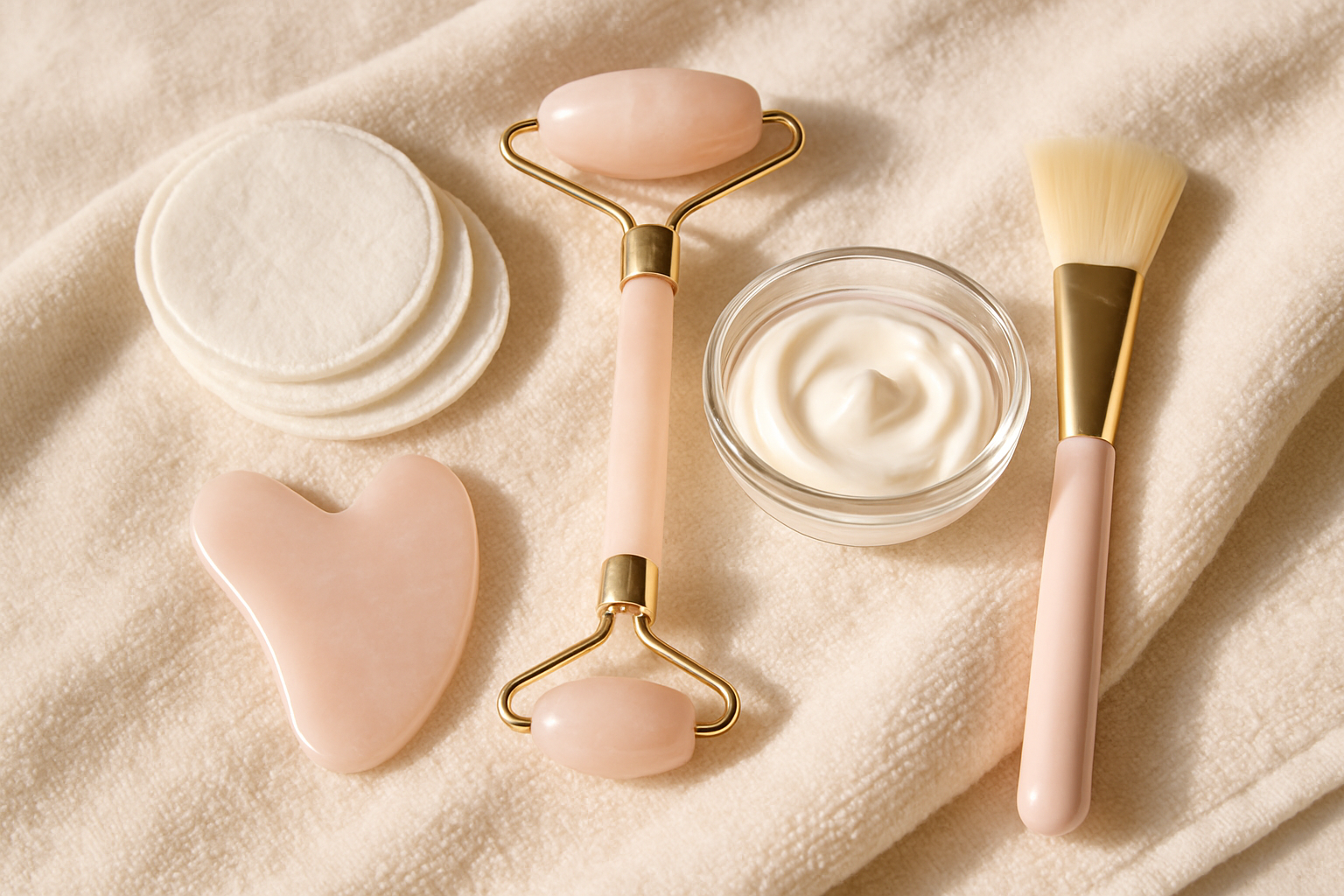 Accessoires de massage du visage et outils de soin disposés sur une serviette