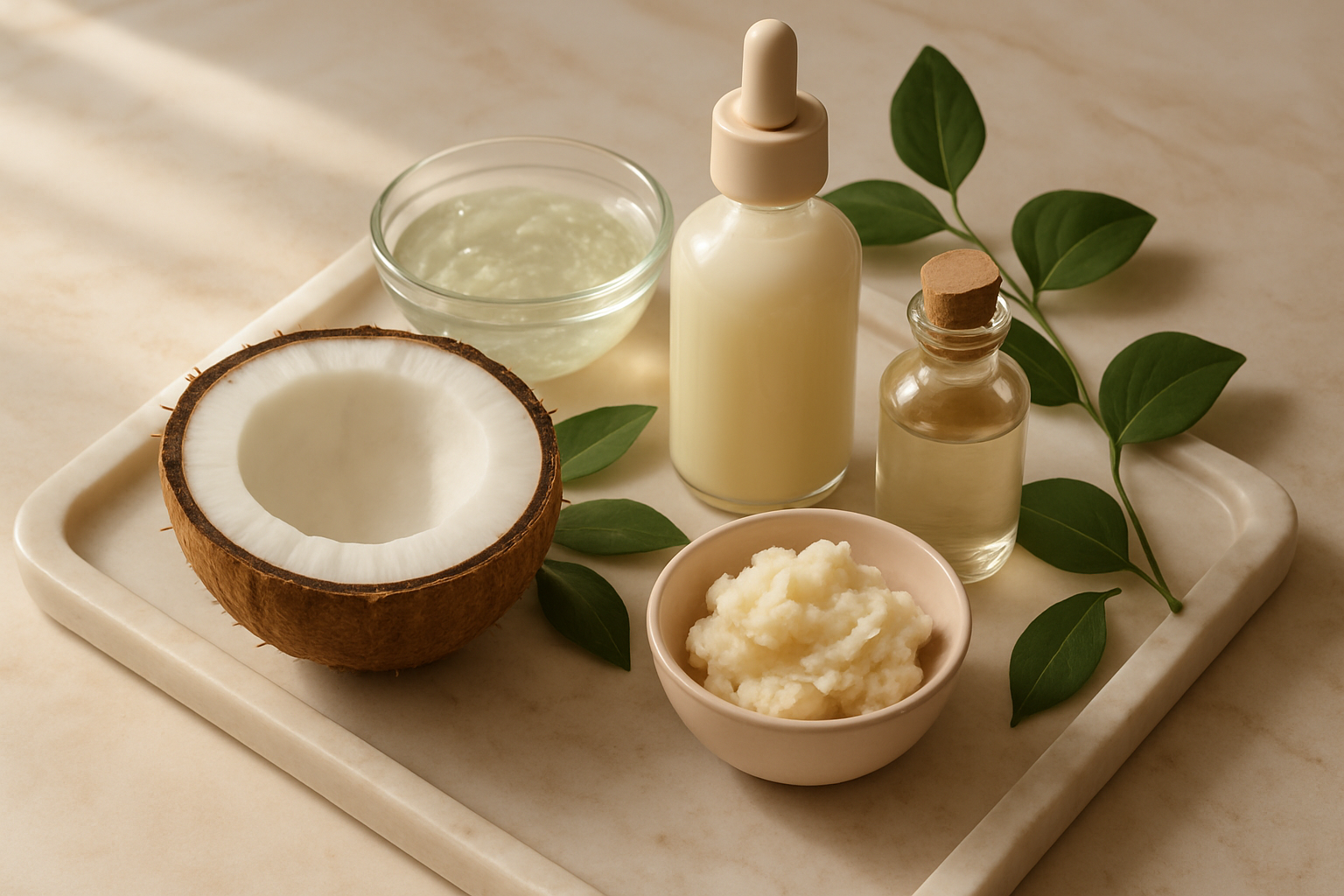 Ingrédients naturels comme huile de coco, aloe vera et beurre de karité sur un plateau de salle de bain.
