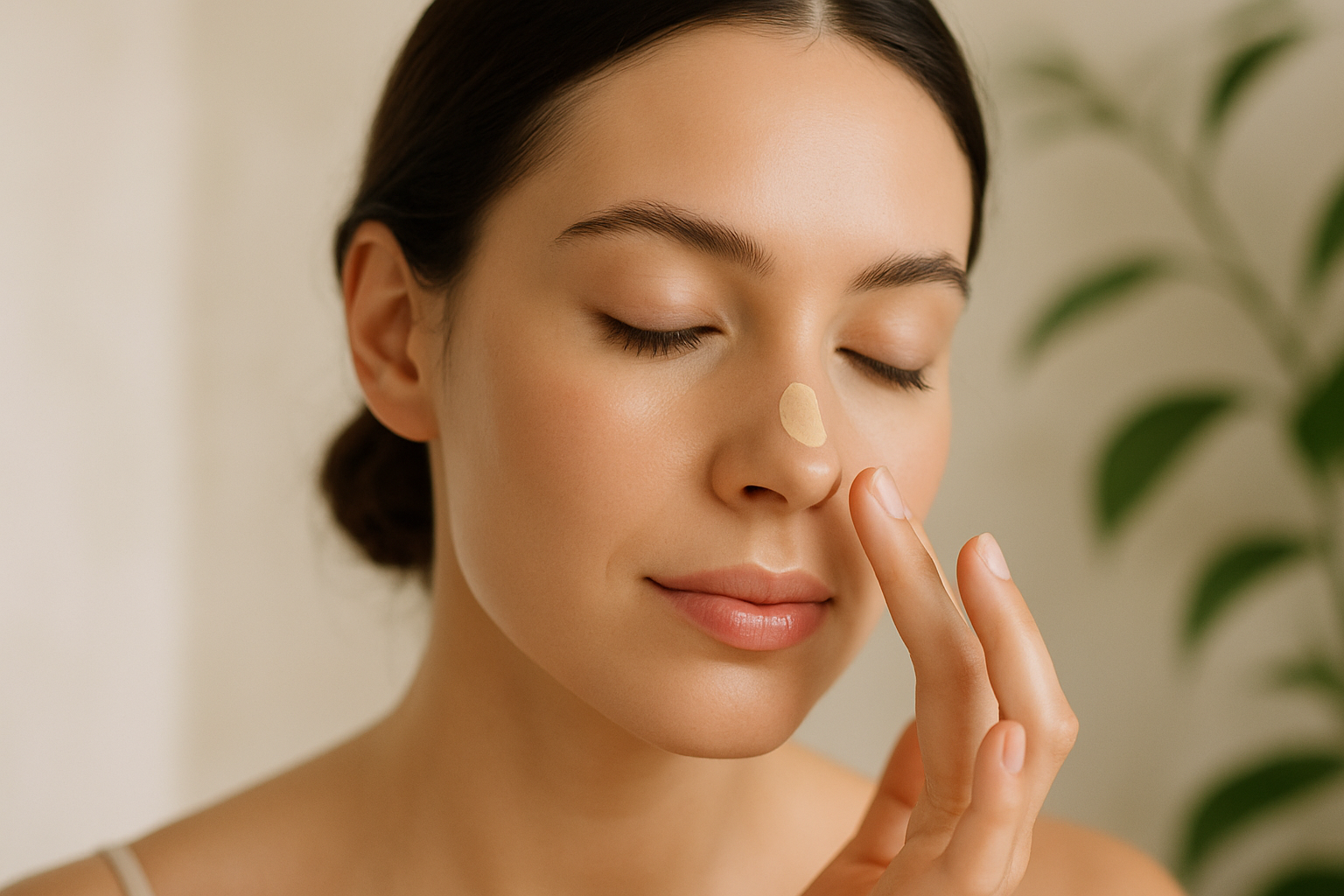 Femme appliquant une BB crème peau grasse sur le visage avec un fini mat naturel