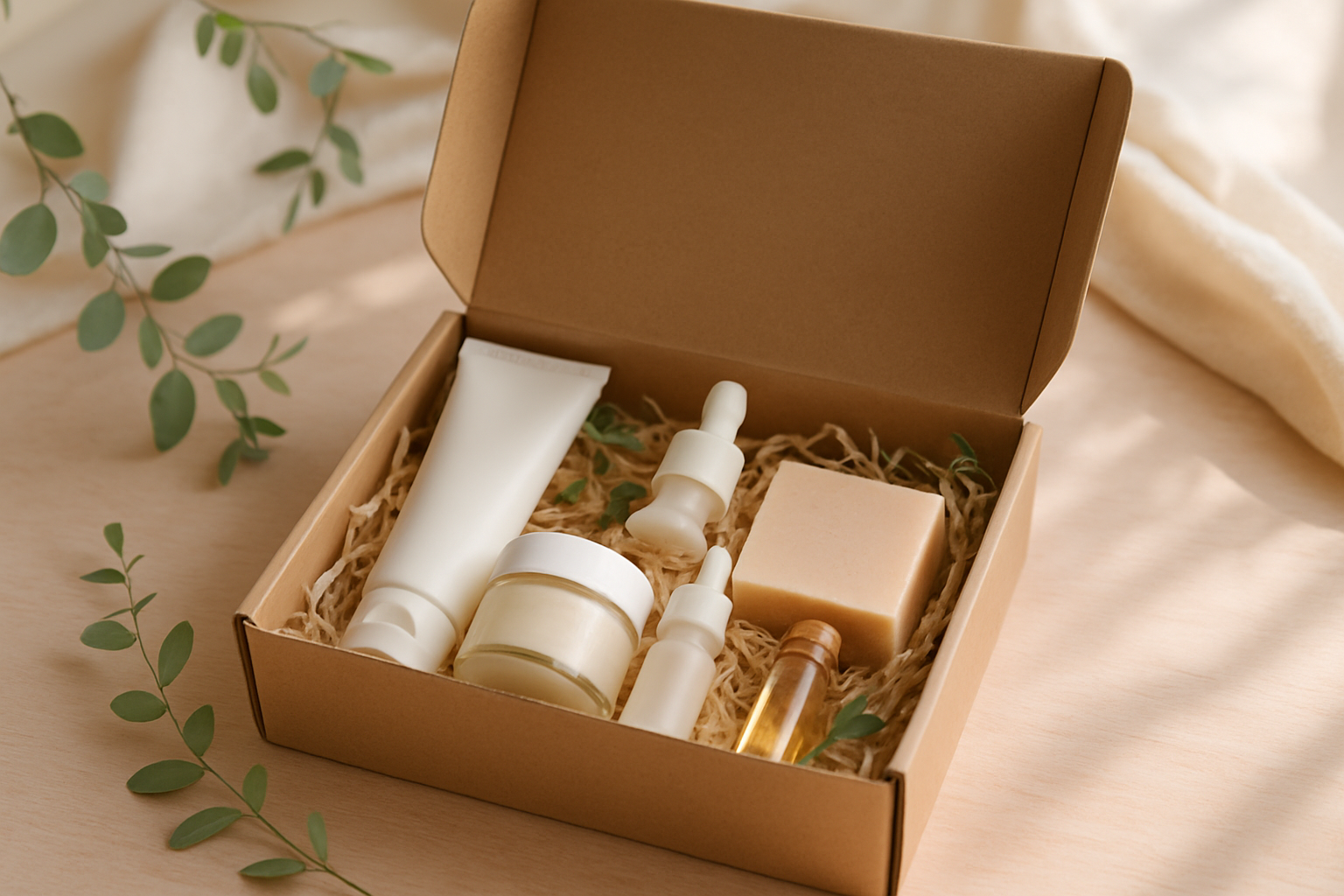 Coffret box beauté bio ouvert sur une table, produits naturels et cosmétiques eco-responsables à l’intérieur.