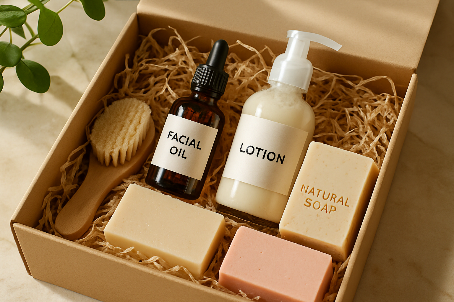 Produits d’une box beauté bio : flacons en verre, savons naturels et emballages écologiques sur fond de papier kraft.