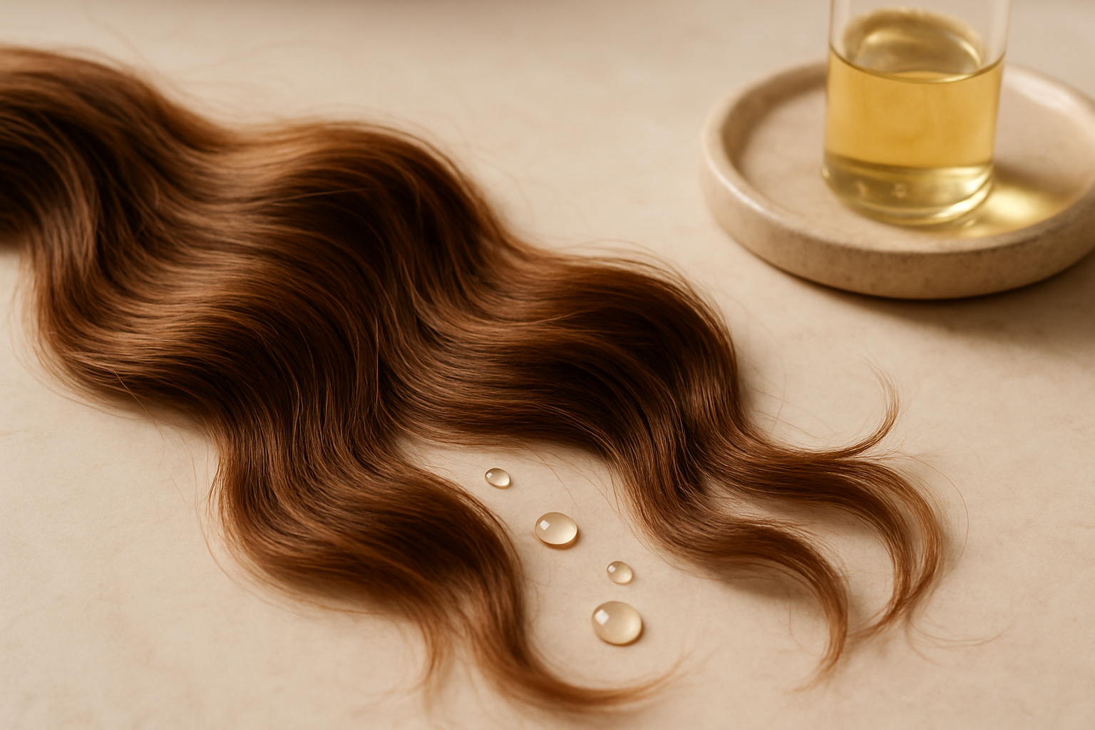 Cheveux brillants et naturels avec reflets lumineux et gouttes d'huile végétale.