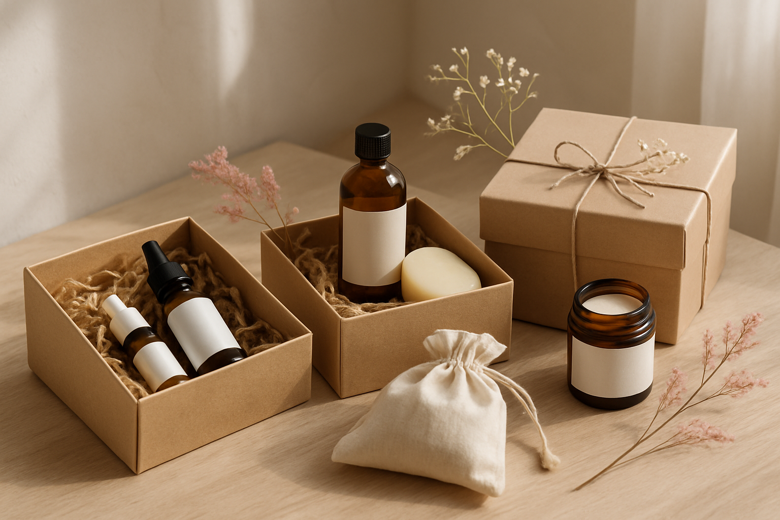 Coffrets beauté bio en packaging écologique et soigné, produits naturels.
