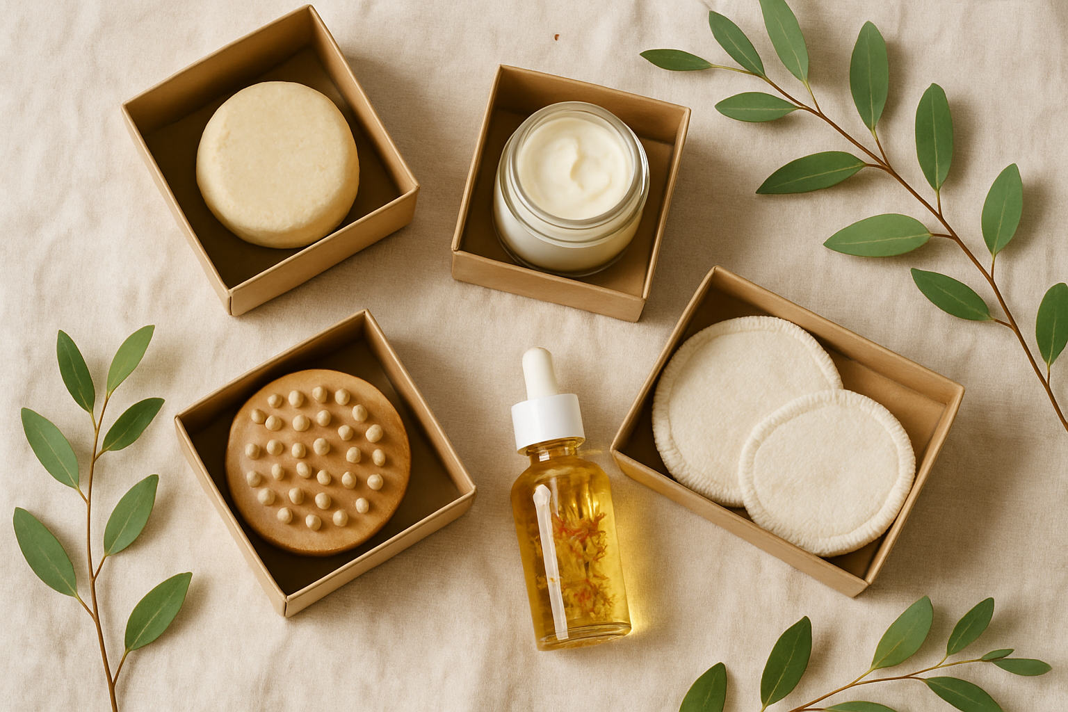 Sélection de coffrets beauté bio ouverts montrant leurs soins naturels et accessoires.