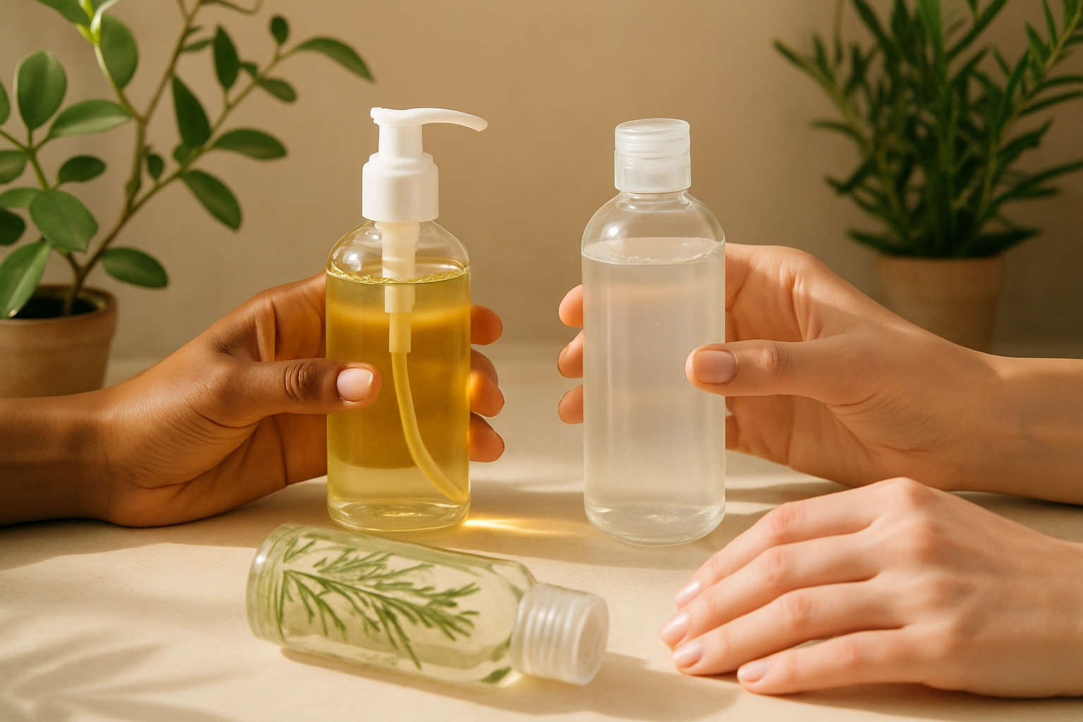 Plusieurs mains tenant des flacons de cosmétiques clean beauty transparents dans un décor lumineux et naturel.