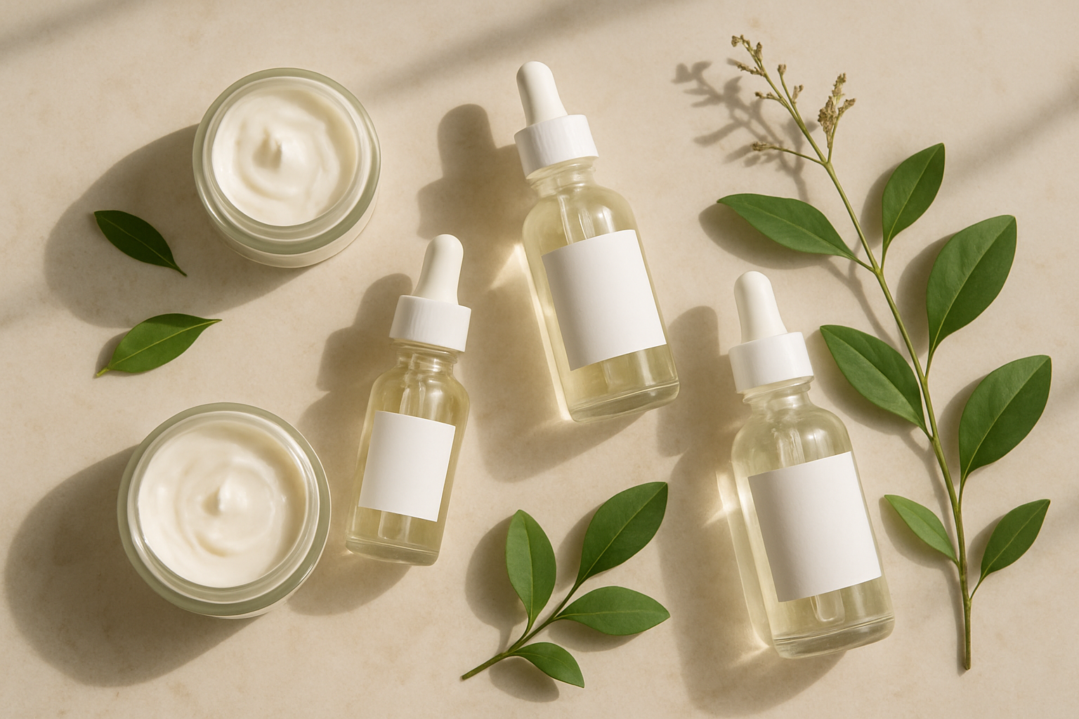 Vue de dessus de soins clean beauty, flacons transparents, extraits végétaux, feuillages et lumière douce.