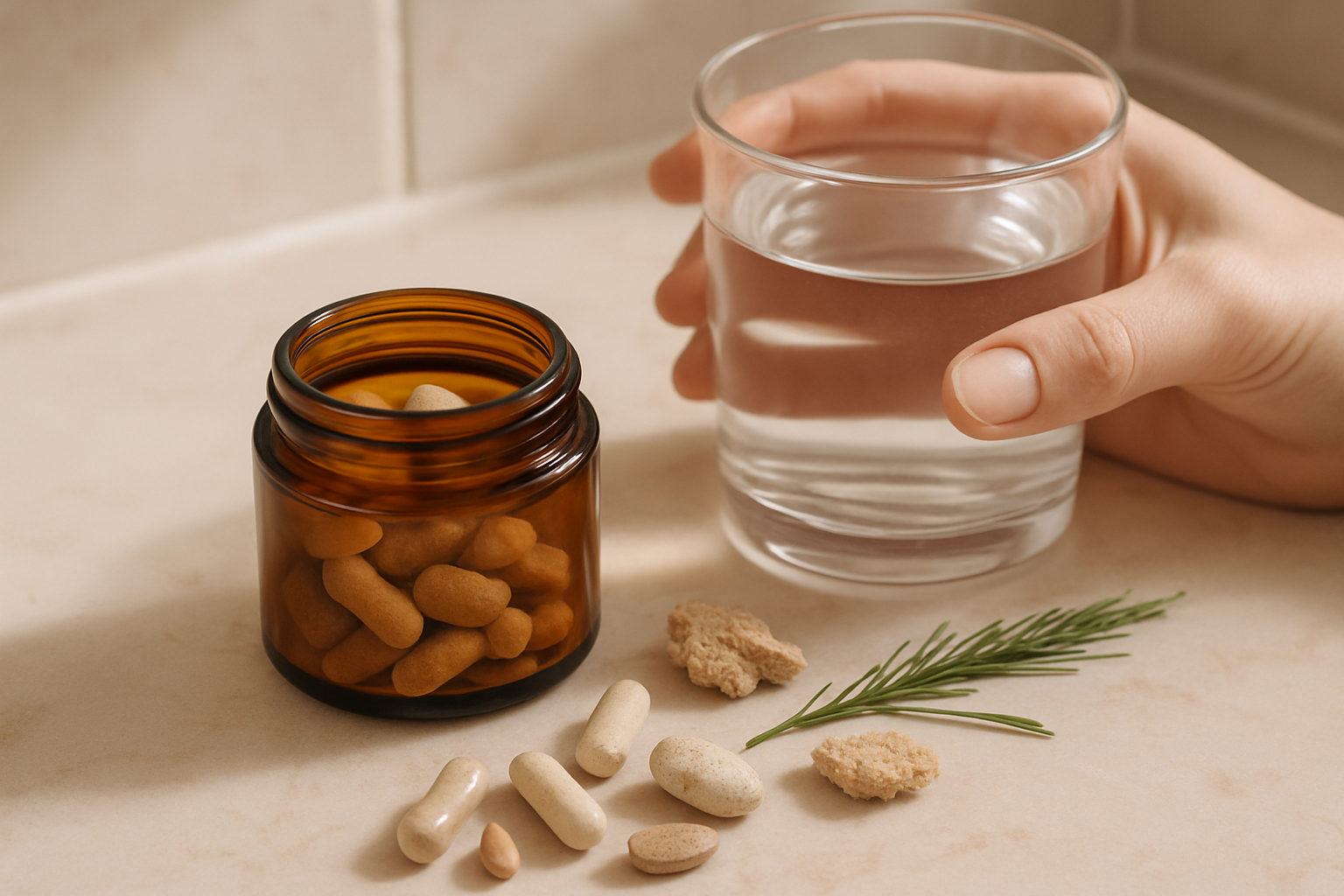 Compléments alimentaires pour ongles aux extraits de prêle, levure de bière et vitamines, posés près d'une main et d'un verre d'eau.