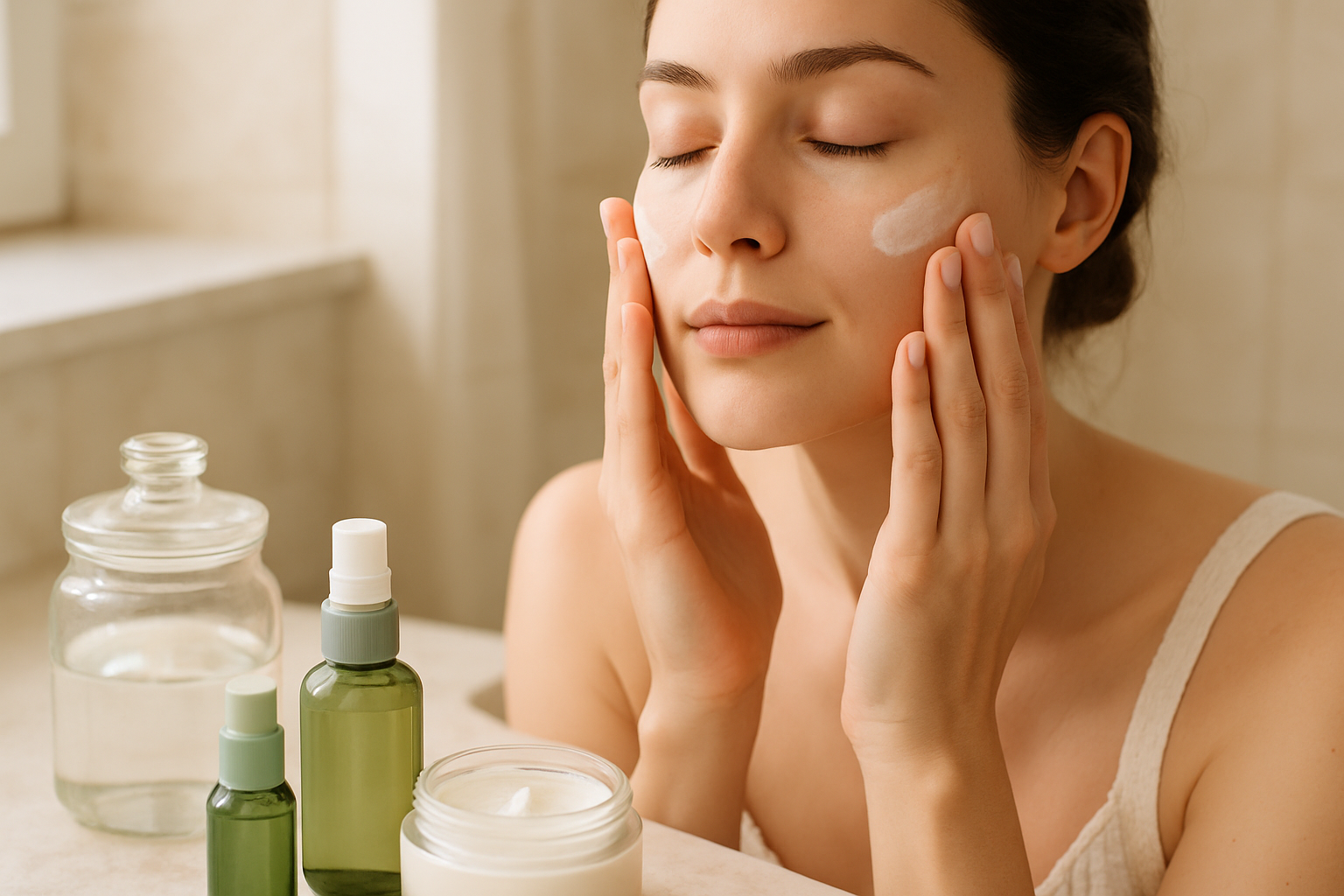 Mains de femme appliquant une crème de soin visage dans une salle de bain lumineuse