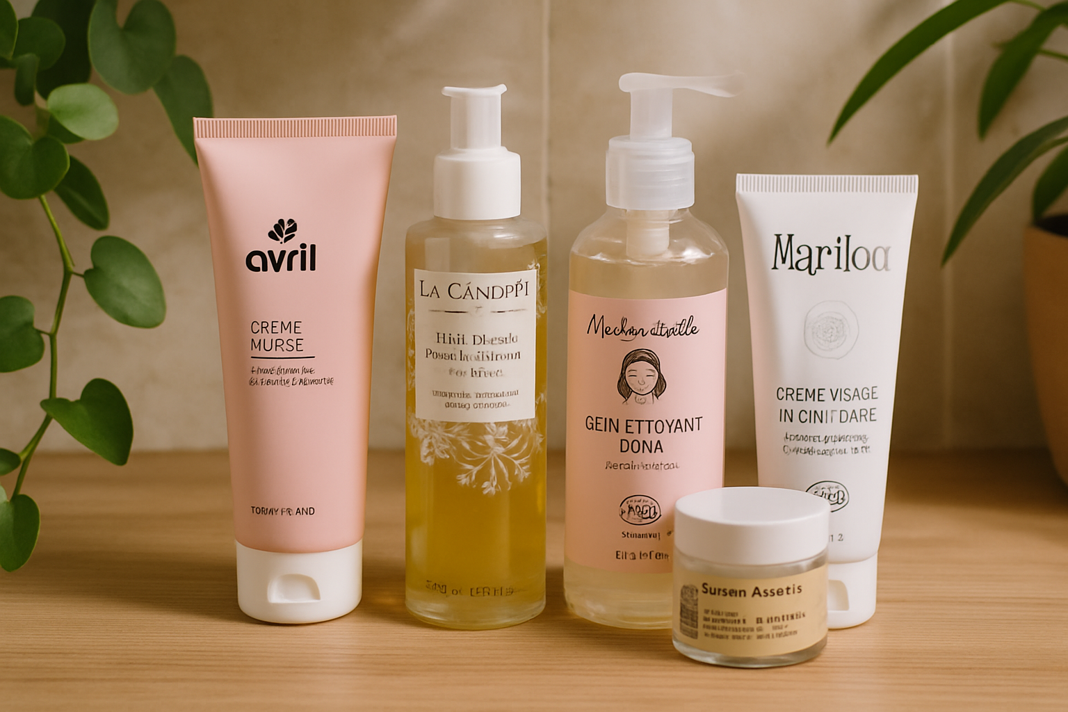 Exemples de produits de grandes marques françaises cosmétique bio, packaging éco-conçu et labels visibles.