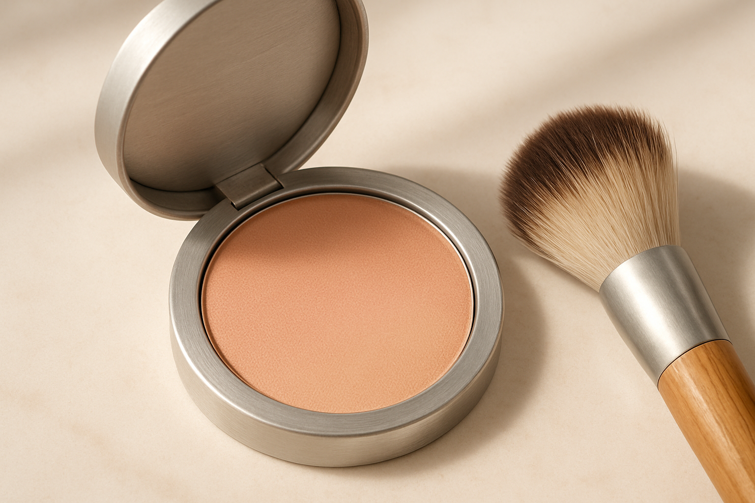 Blush Couleur Caramel en poudre ultra-fine avec packaging aluminium et pinceau vegan