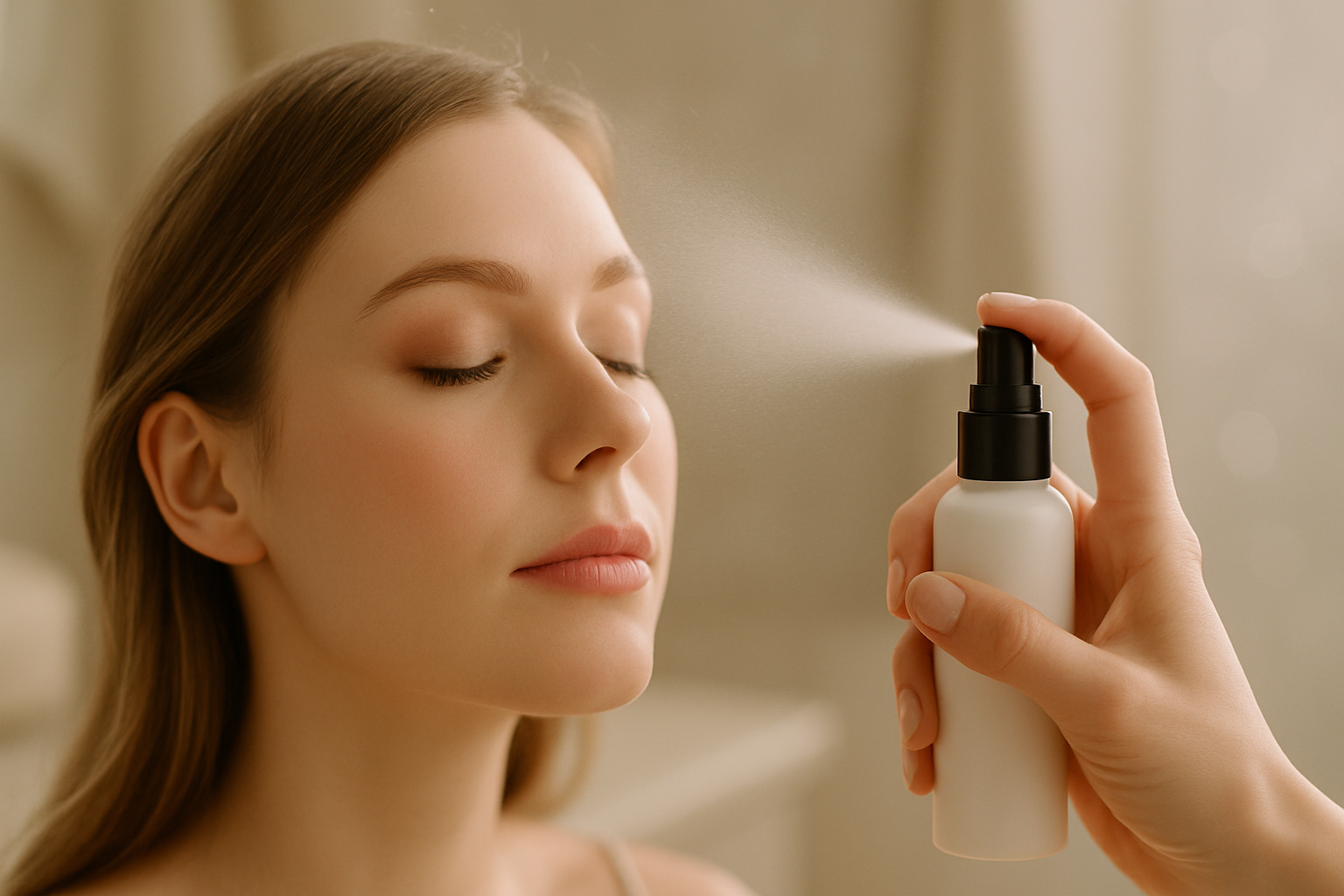 Geste de vaporisation d'une brume fixatrice de maquillage en finition sur le visage