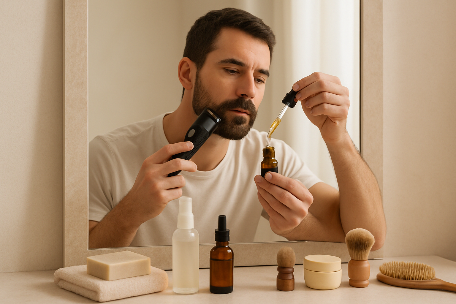 Homme appliquant de l'huile à barbe et utilisant une tondeuse lors de sa routine grooming.