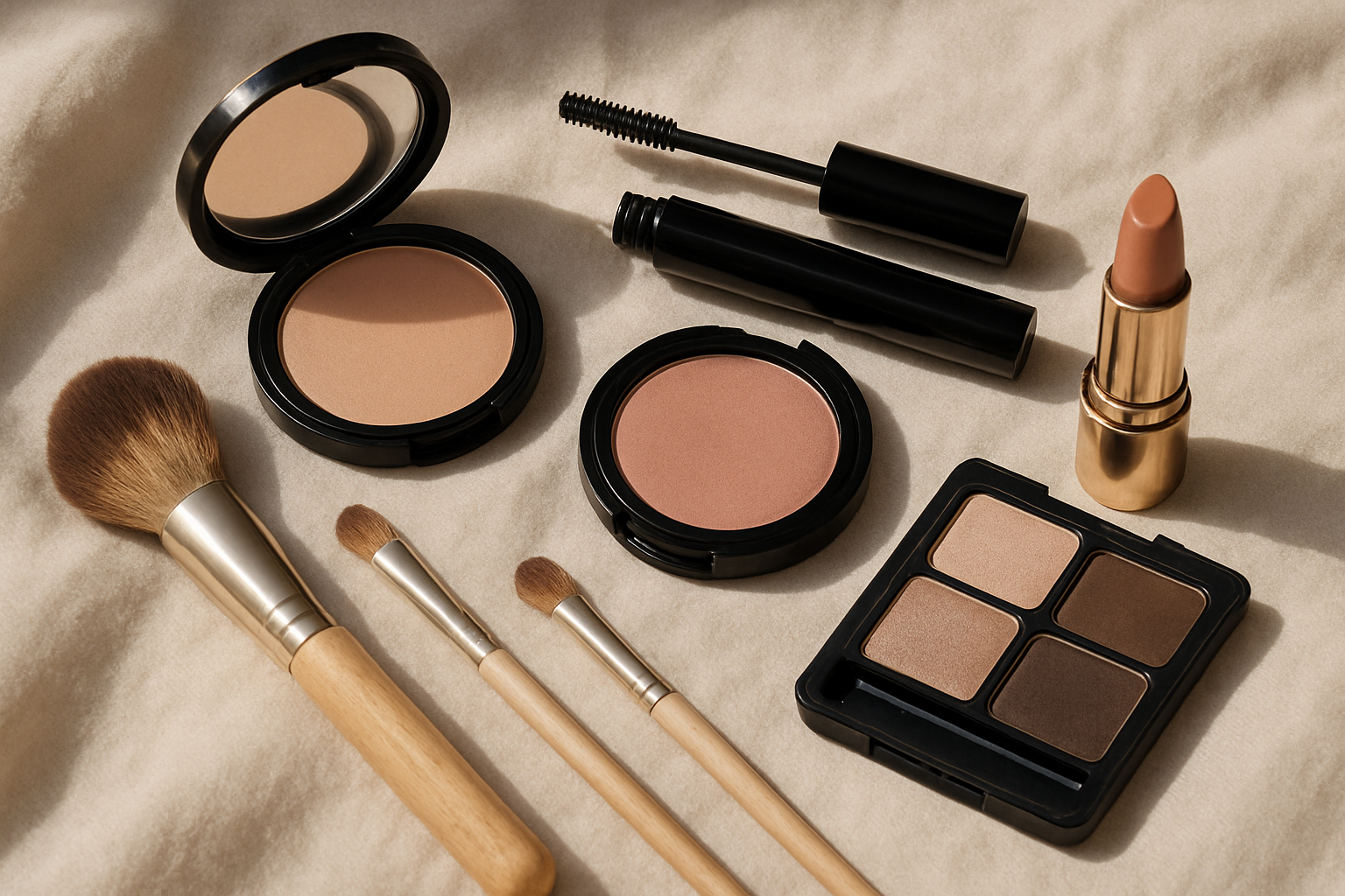 Vue rapprochée du contenu type d’un kit maquillage posé sur un tissu clair.