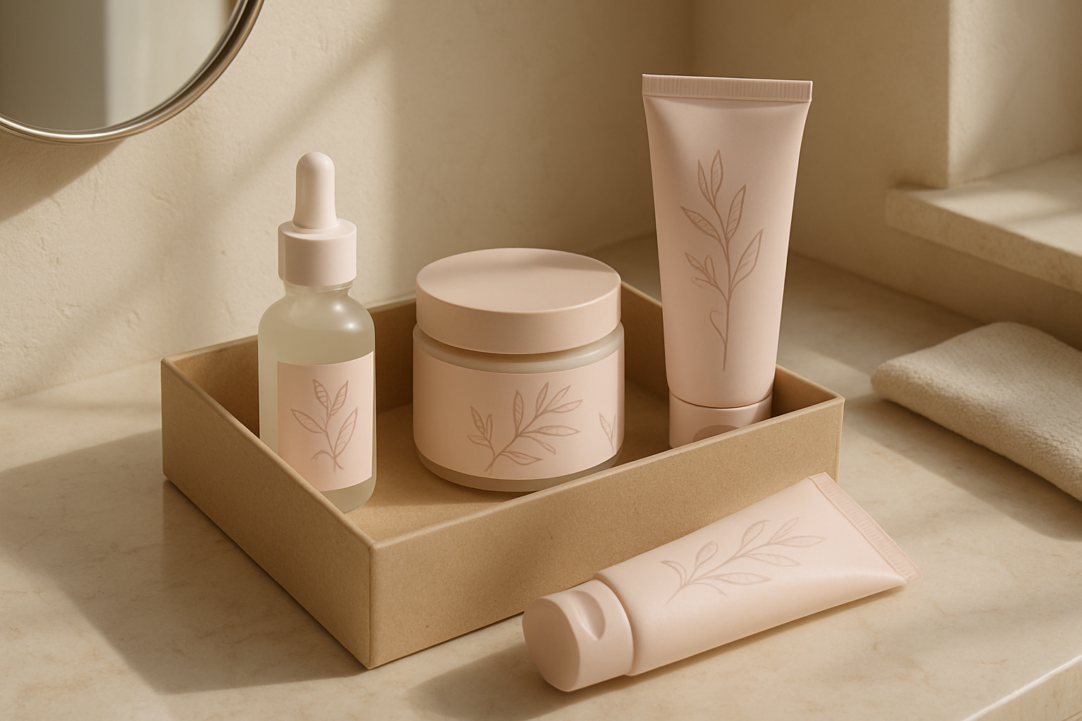 Coffret soin visage composé de plusieurs soins en packaging élégant sur une coiffeuse lumineuse.