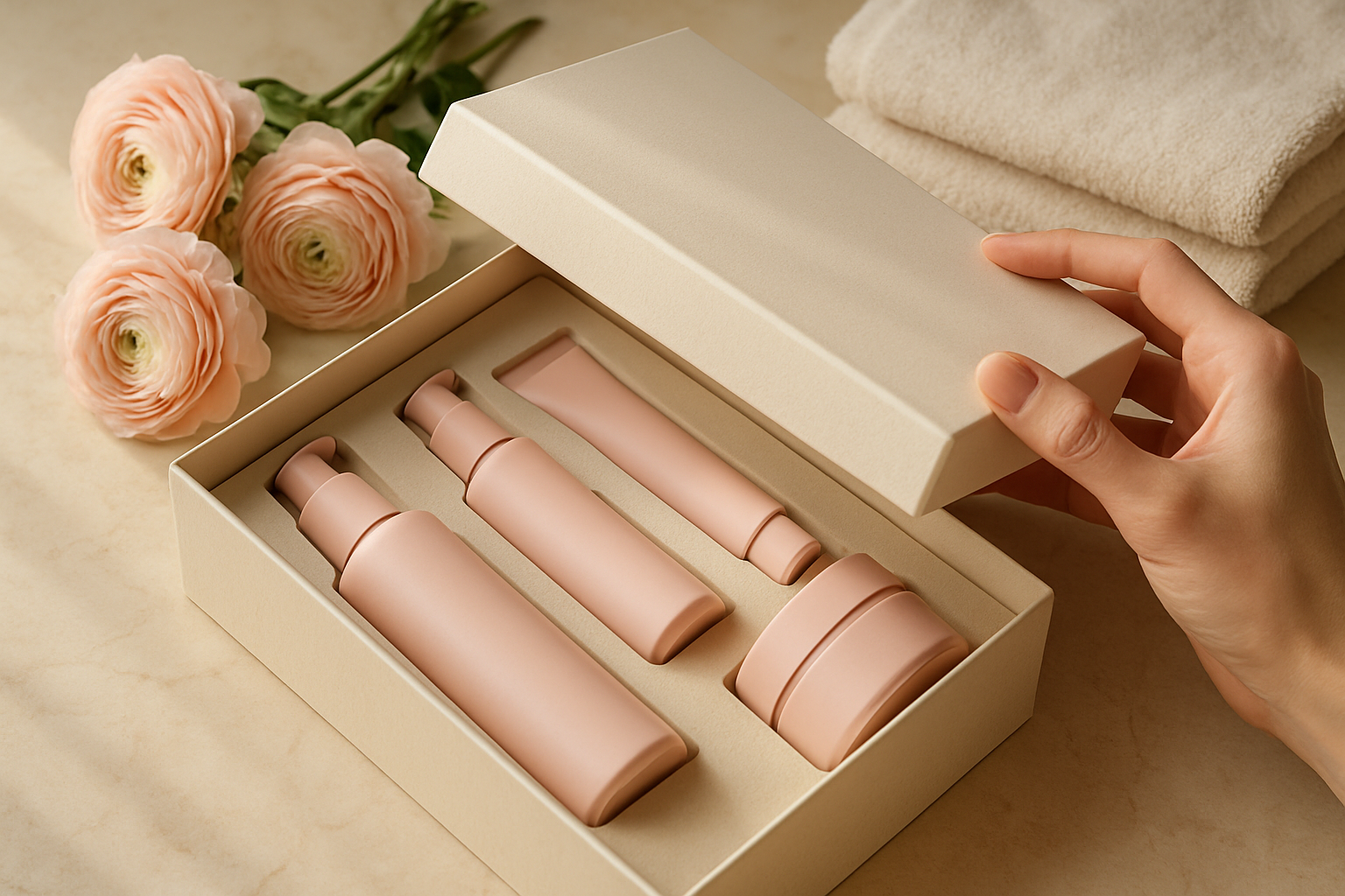 Ouverture d’un kit soin visage dévoilant ses produits coordonnés dans un coffret premium.