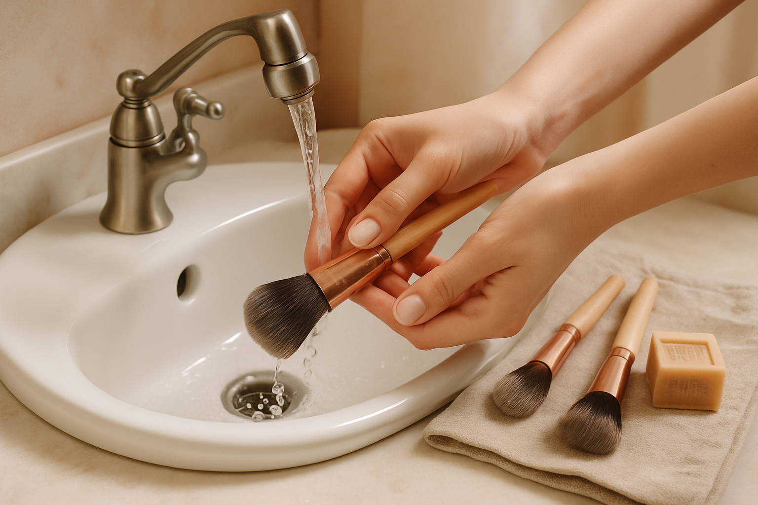 Main rinçant un pinceau de maquillage sous l'eau tiède au-dessus d'un lavabo avec savon de Marseille.