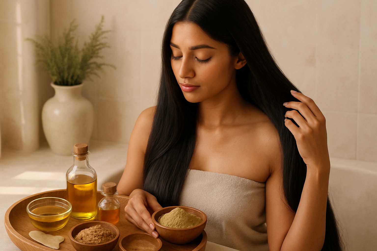 Rituel de lissage indien traditionnel avec poudres ayurvédiques et huiles naturelles autour d'une femme aux cheveux longs et brillants.