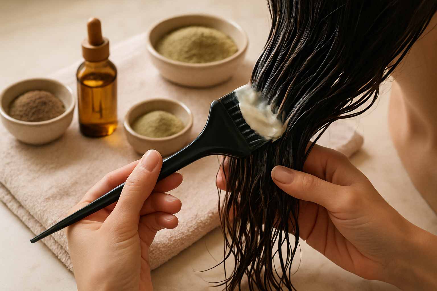 Application d'un soin ayurvédique lissant sur cheveux mouillés avec pinceau, poudres naturelles et huiles visibles en arrière-plan.
