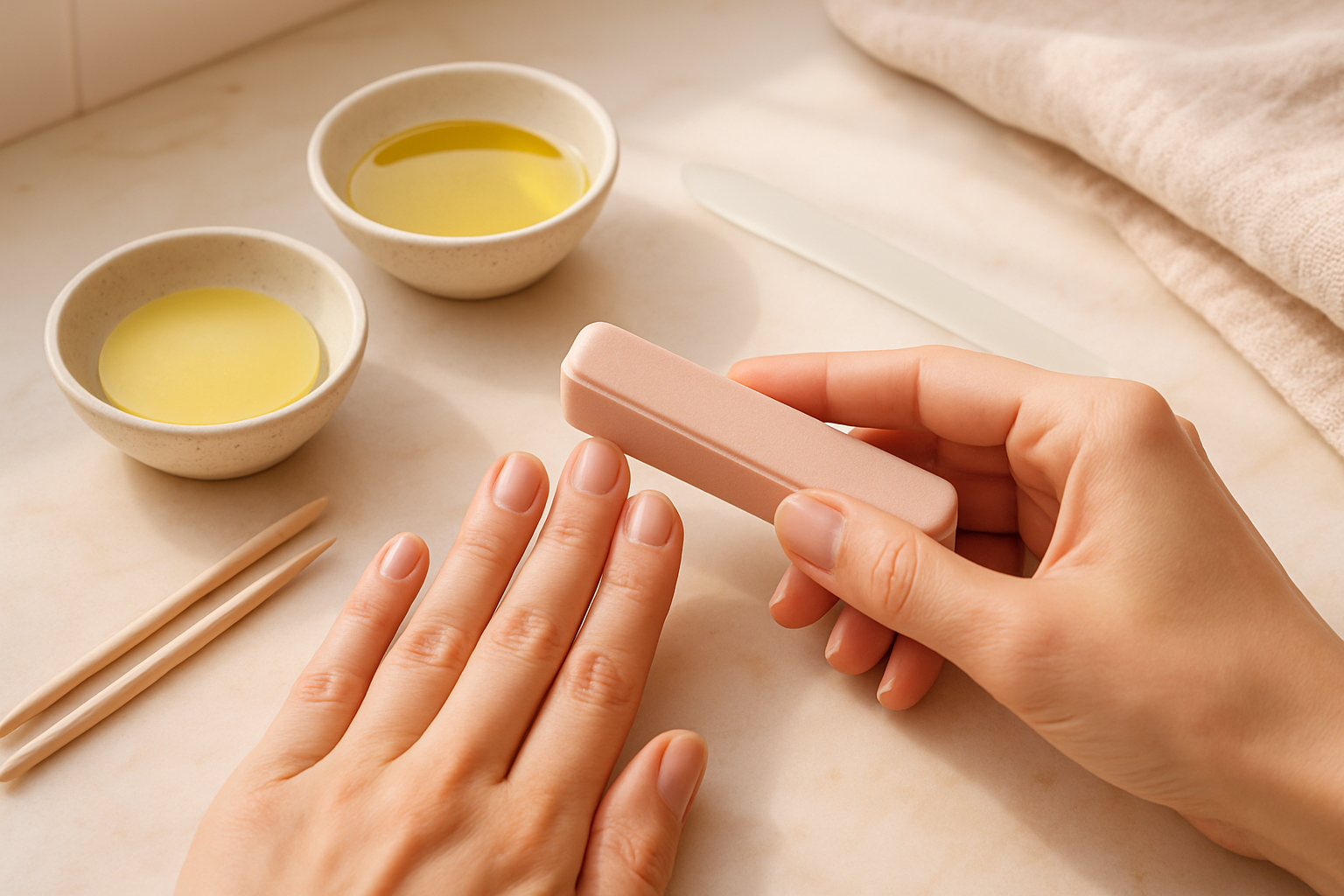 Main en train de polir des ongles naturels avec un buffer et des produits cosmétiques naturels à proximité