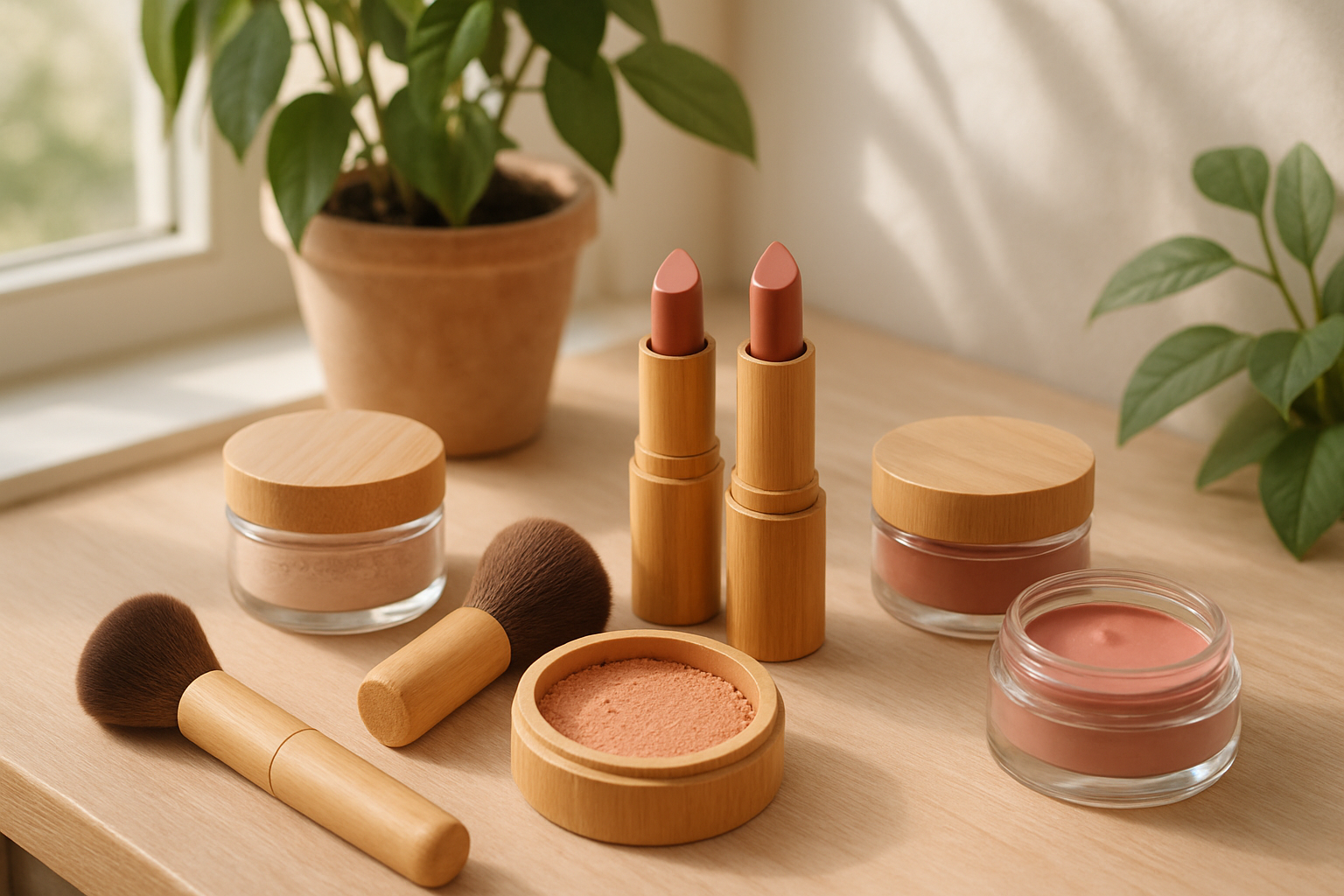 Maquillage naturel bio sur coiffeuse en bois avec packagings écologiques, plantes vertes et lumière naturelle.