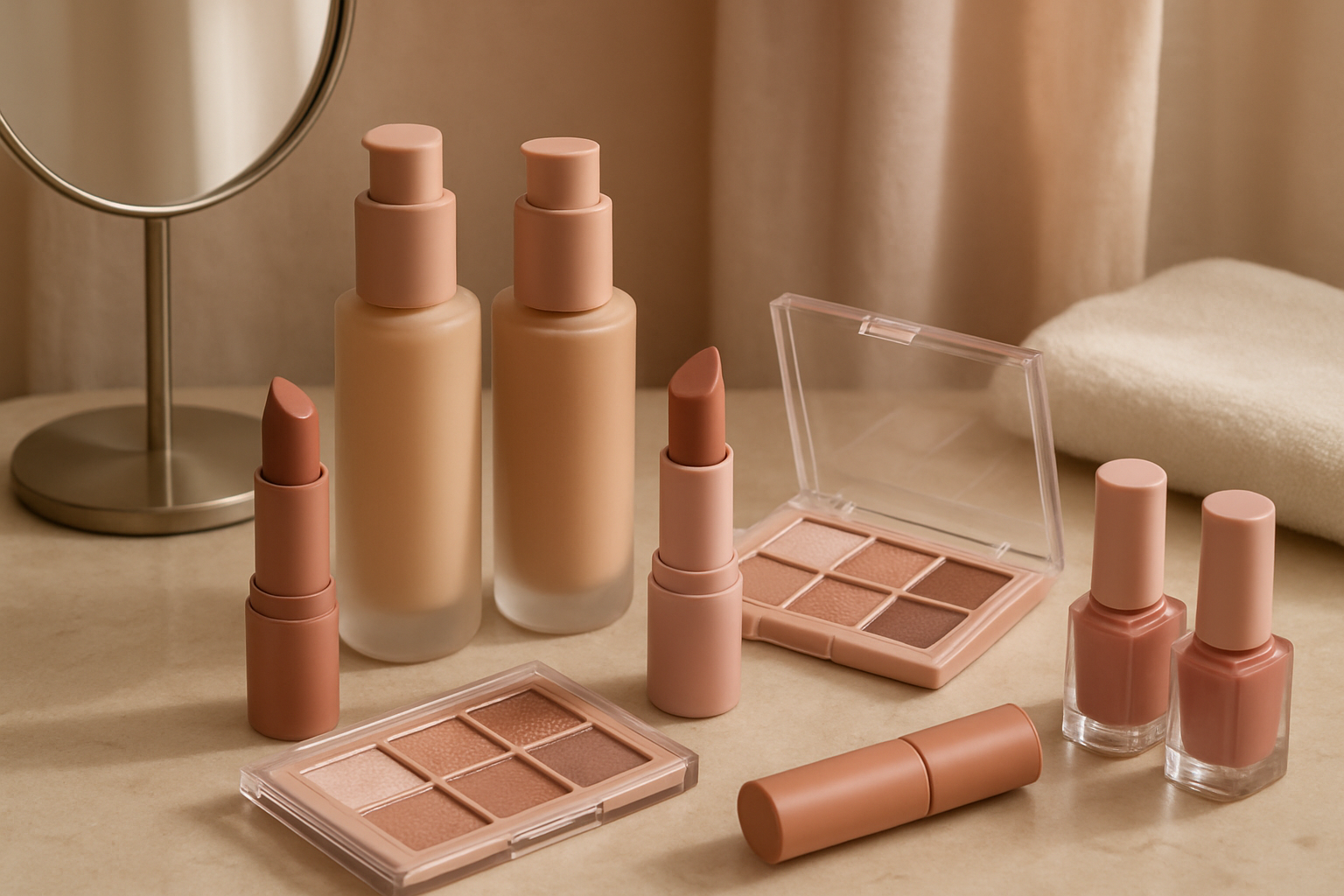 Table de maquillage moderne remplie de produits de maquillage pas cher