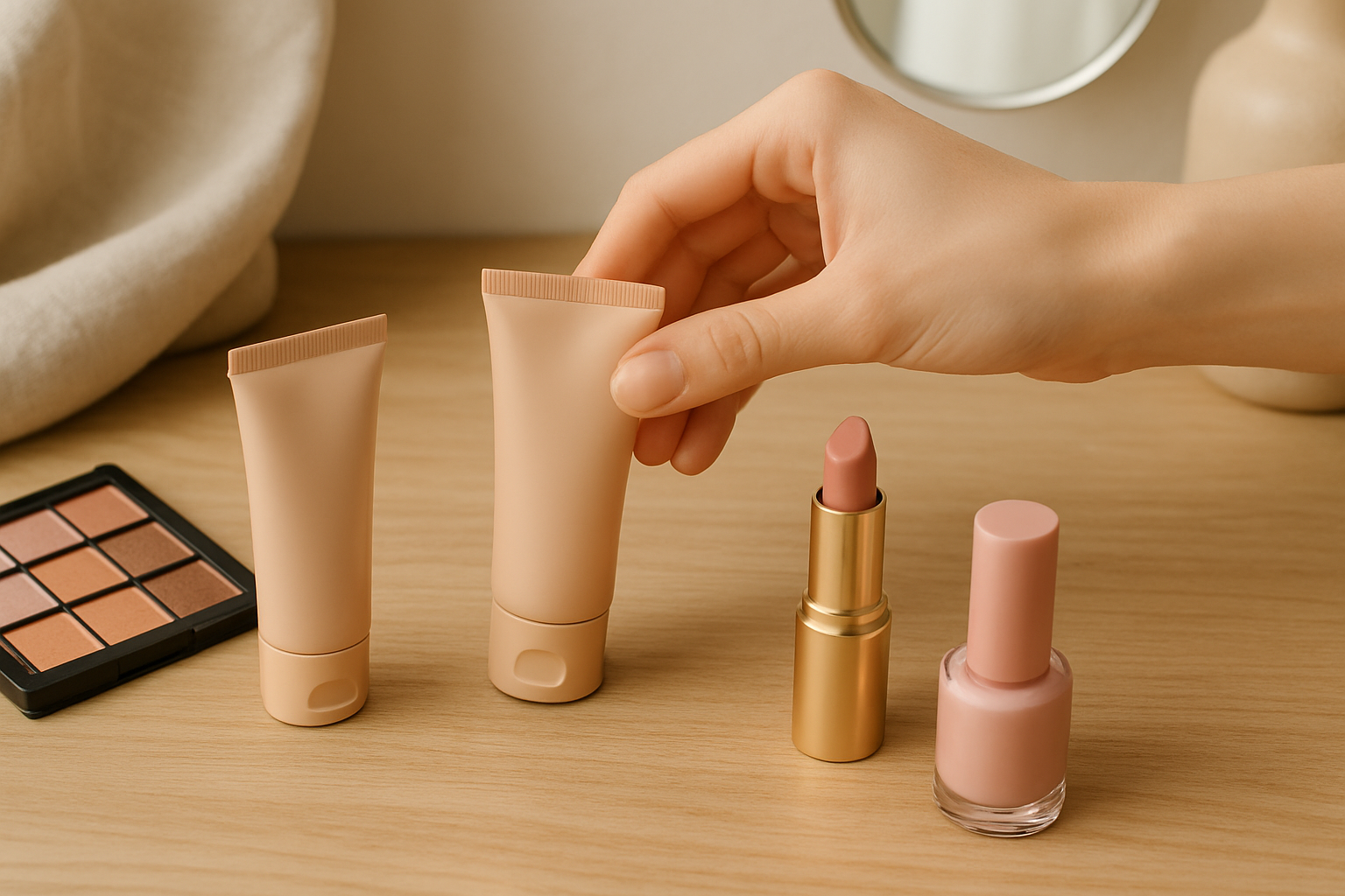 Main choisissant un produit parmi du maquillage pas cher varié sur une table en bois