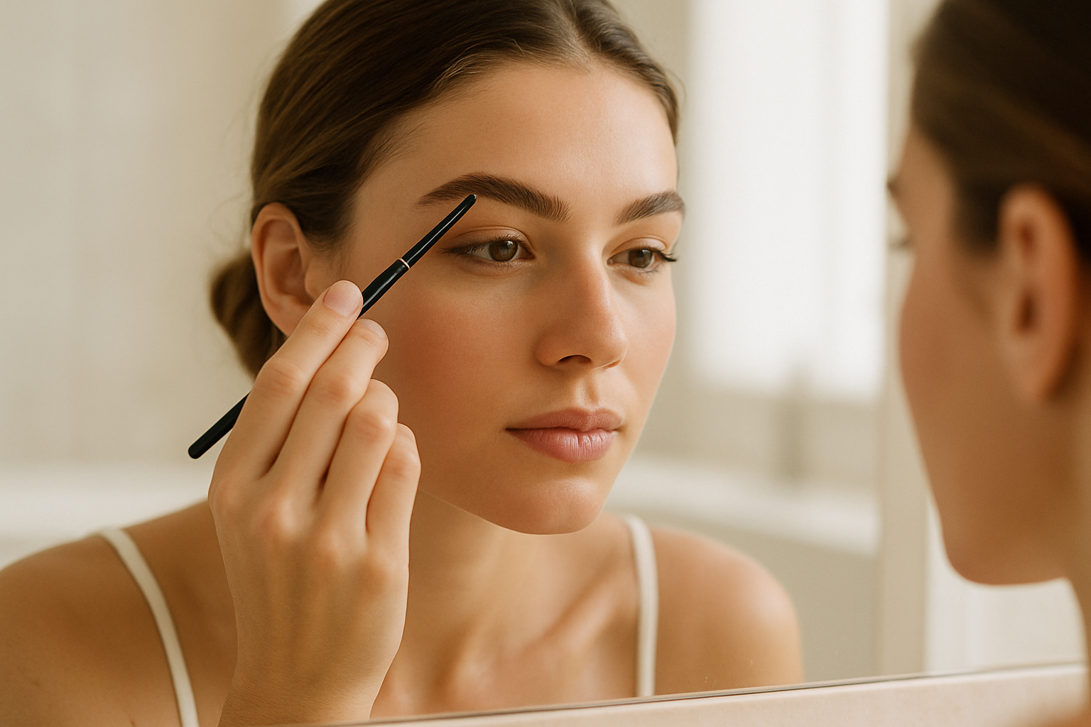 Femme appliquant un maquillage sourcils naturel devant un miroir.