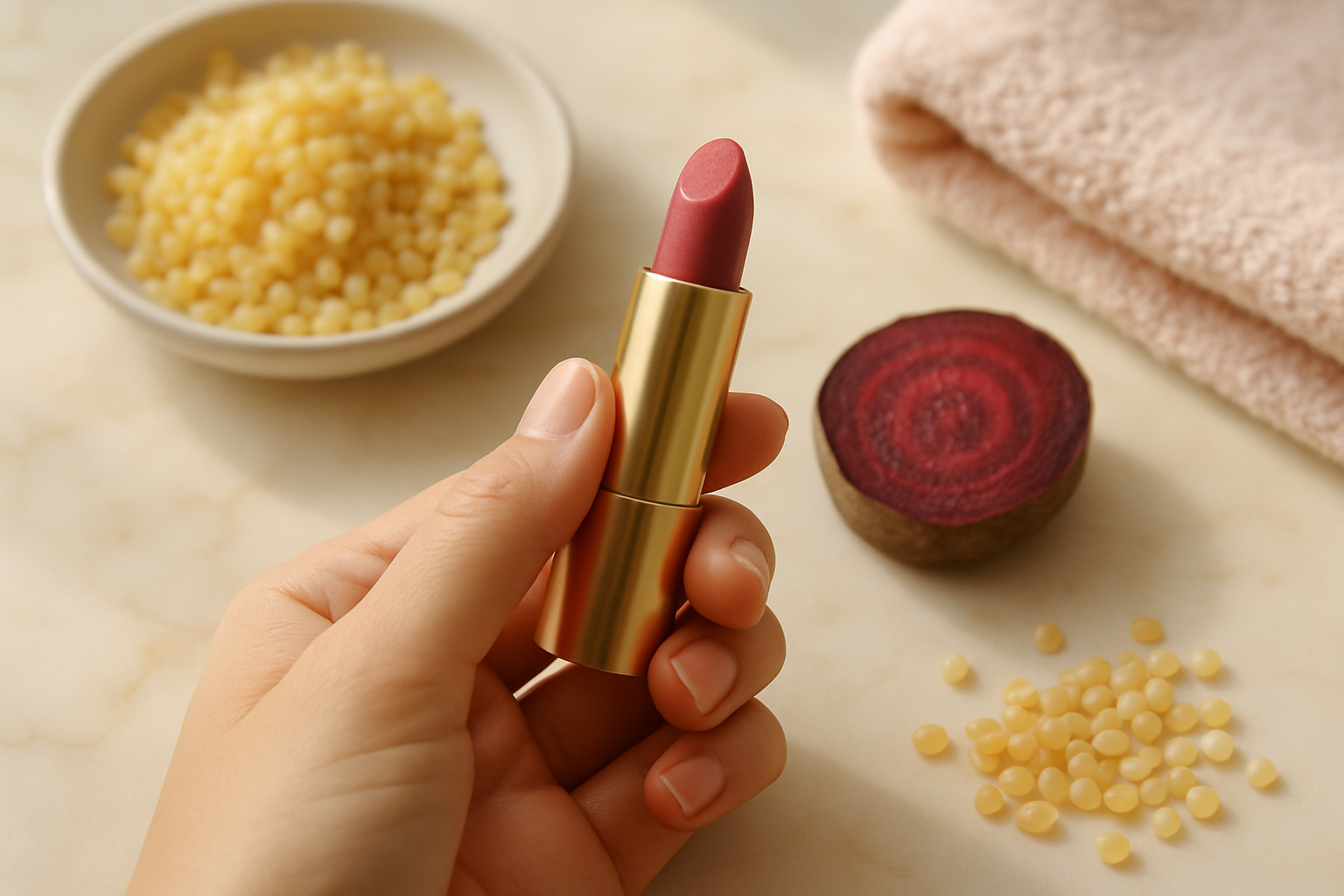 Main appliquant un rouge à lèvres vegan bio avec ingrédients naturels autour.