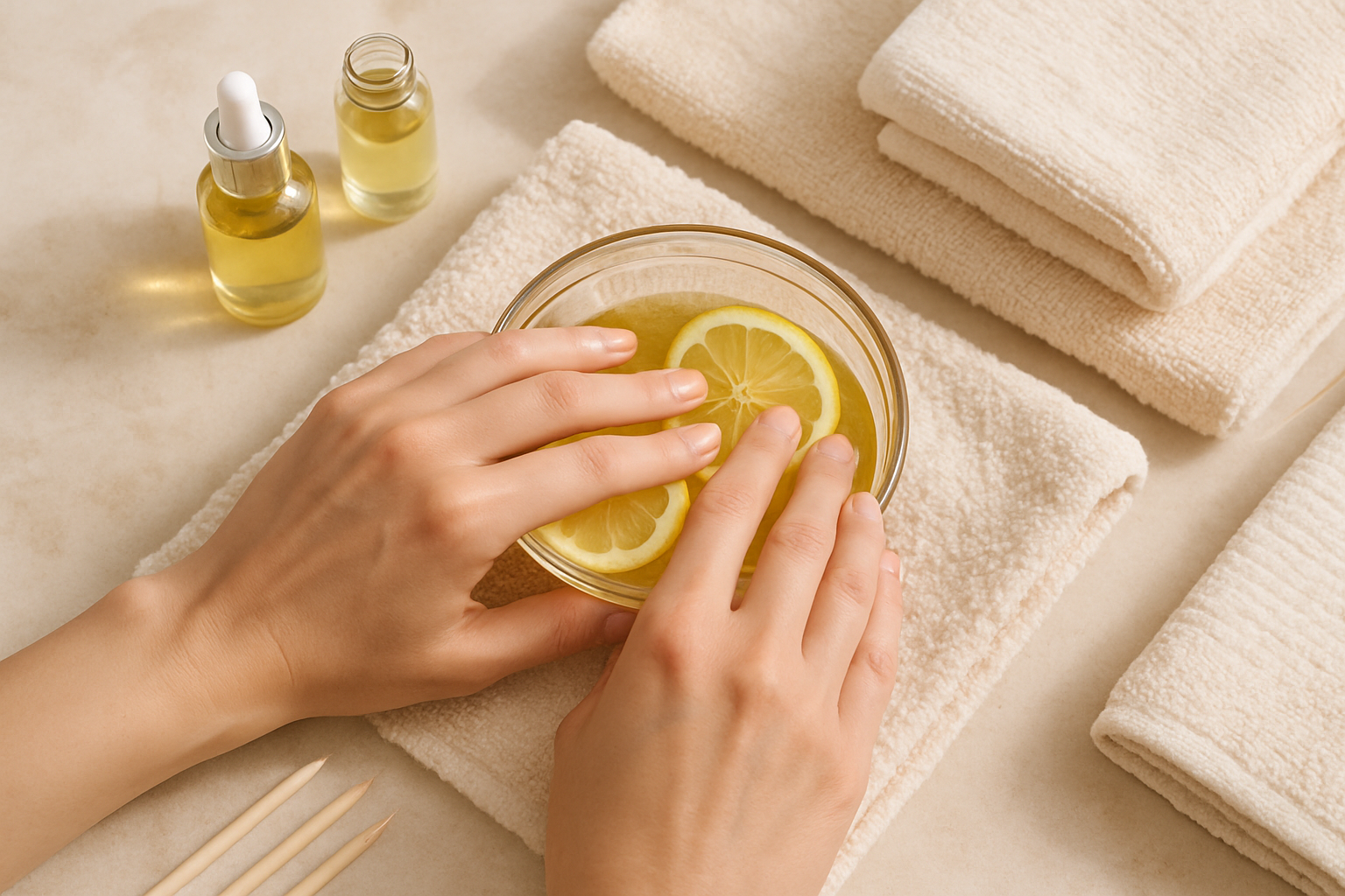 Bain d’ongles naturel à l’huile et au citron, accessoires et soins à la maison