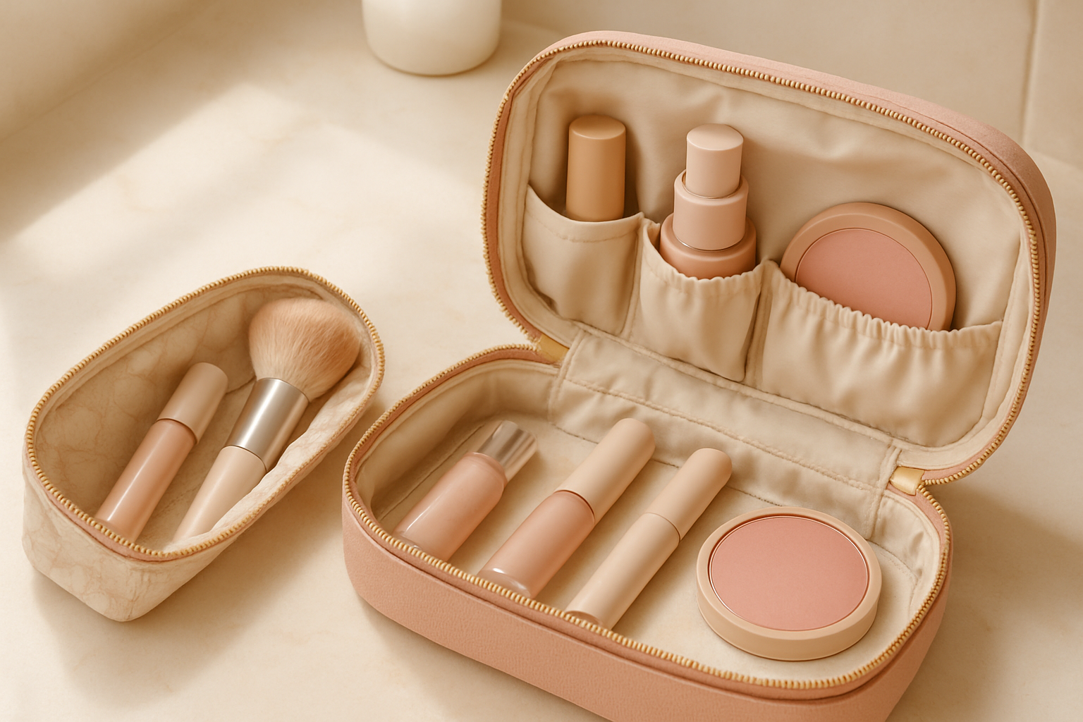 Comparaison de deux pochettes maquillage ouvertes et organisées