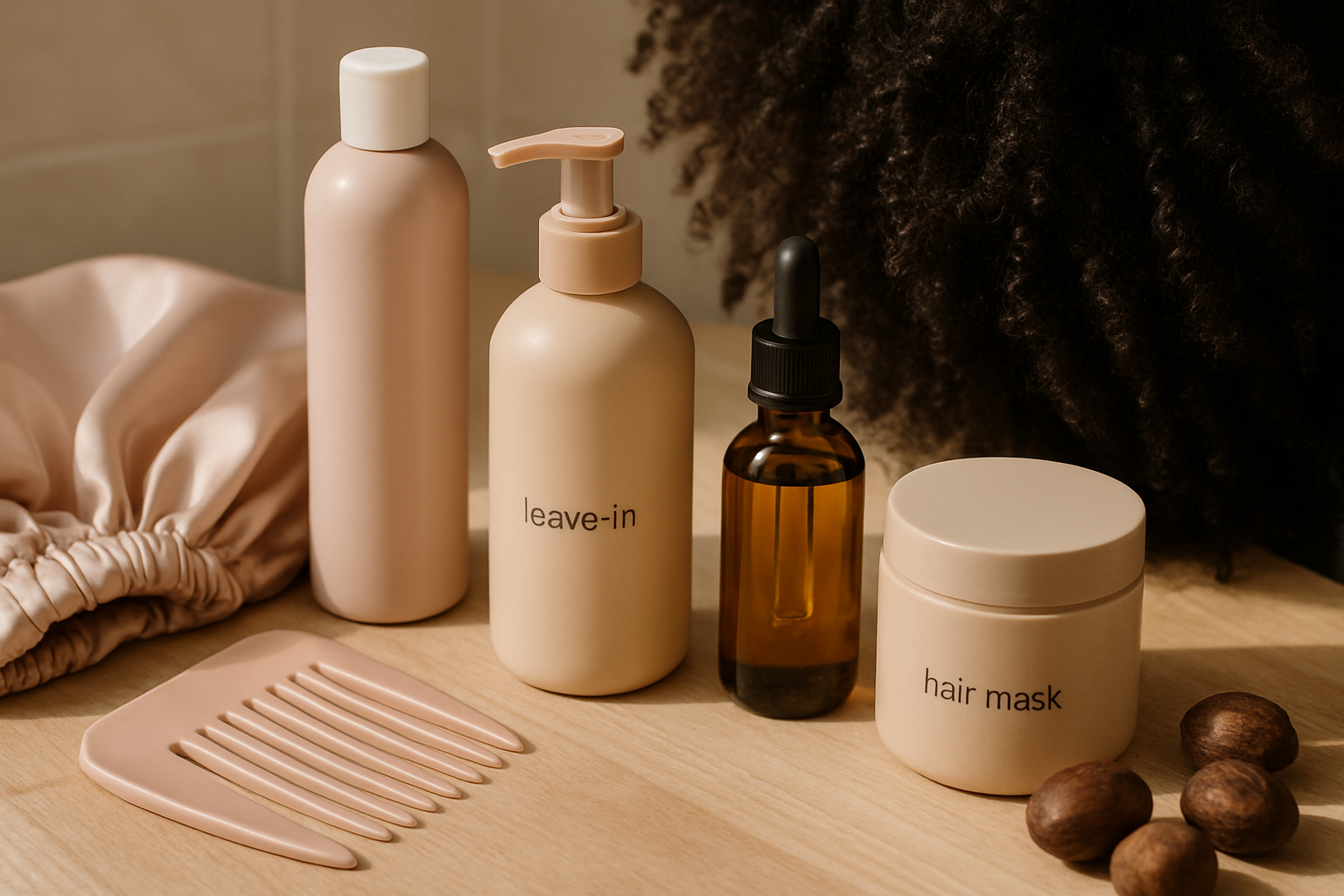 Sélection de produits soins pour cheveux afro sur fond naturel