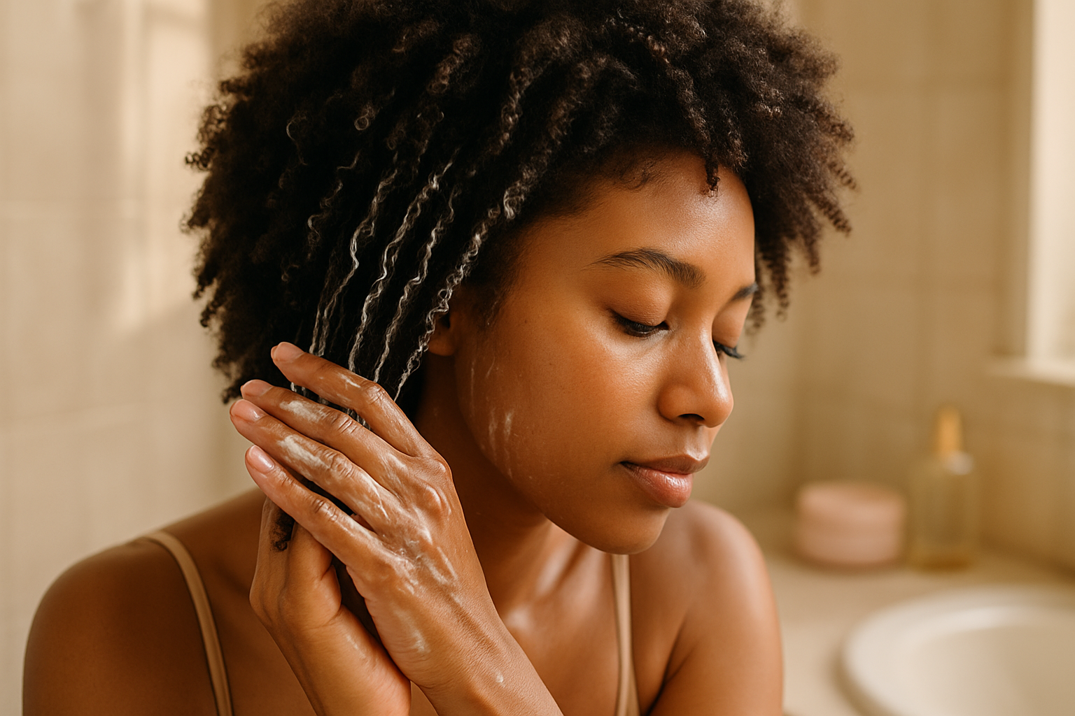 Femme appliquant un leave-in sur ses cheveux afro crépus au naturel