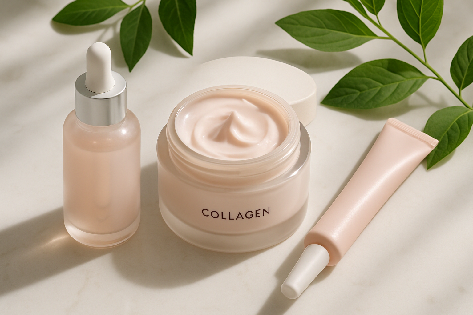 Sérum collagène, crème visage et contour des yeux sur fond sobre avec feuillage.