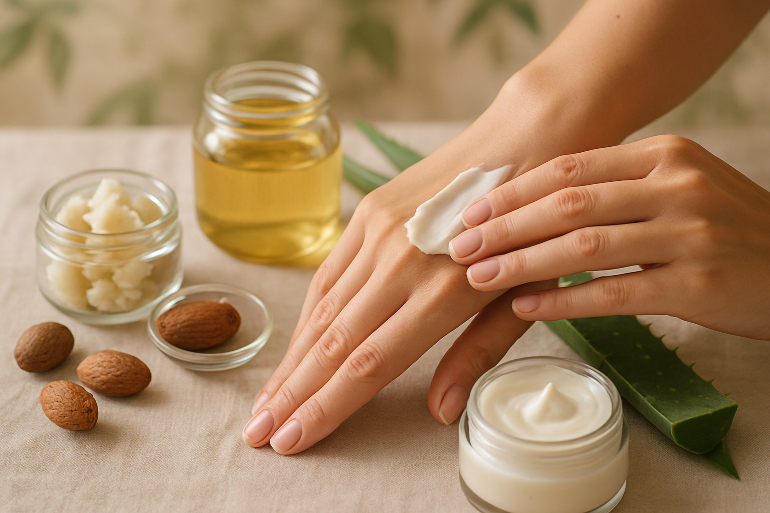 Application d’un baume corps bio crèmeux sur la peau, ingrédients naturels en arrière-plan