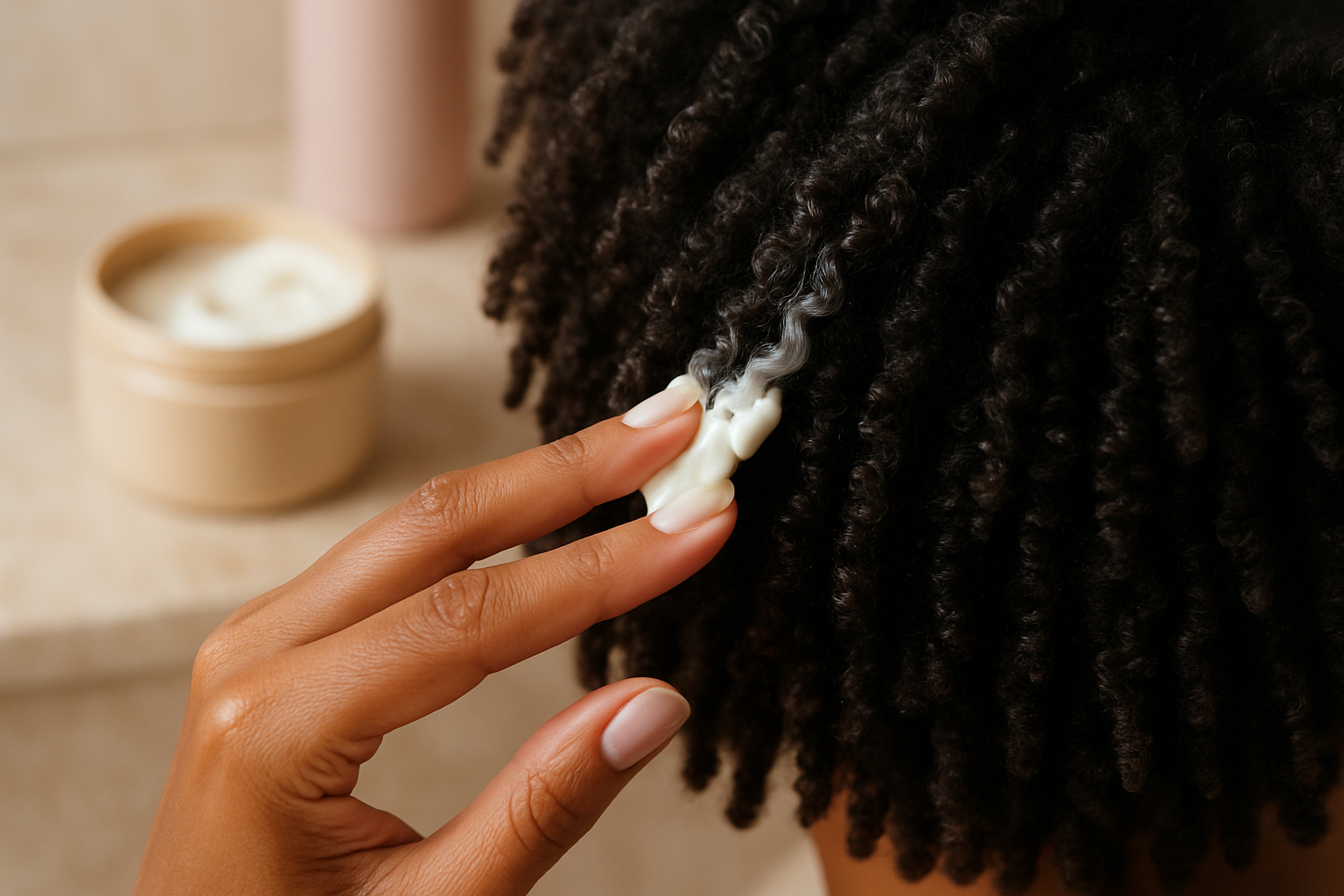 Application d’un masque crémeux sur cheveux afro type 4, texture brillante et souple