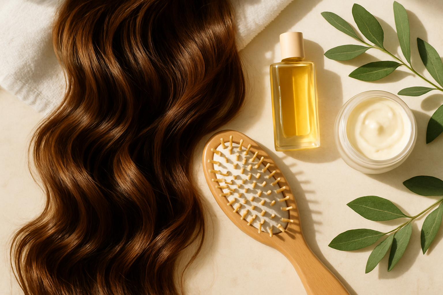 Cheveux brillants et nourris avec accessoires naturels pour soin capillaire.