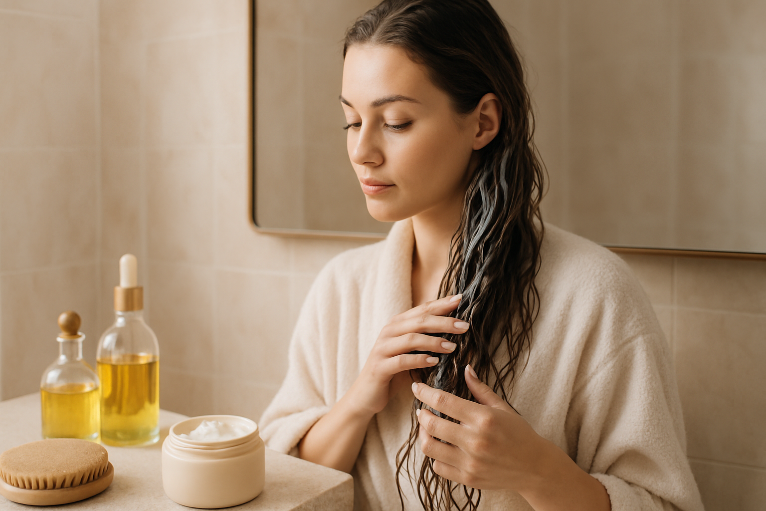 Femme appliquant un masque nourrissant sur ses cheveux secs devant son miroir.