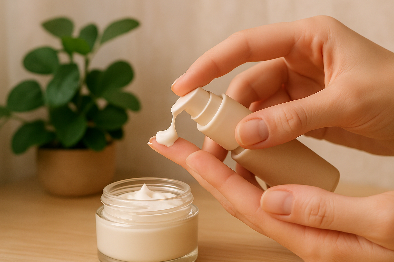 Crème raffermissante visage naturelle déposée sur les doigts, ambiance fraîche