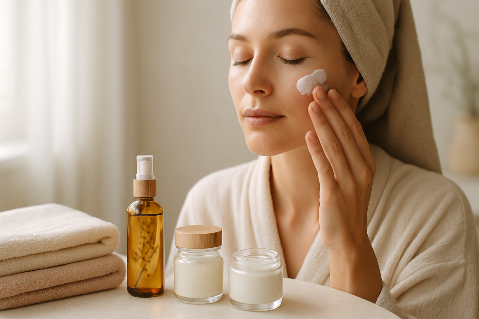 Application d’un soin visage bio par une femme dans une salle de bain lumineuse, ambiance naturelle.