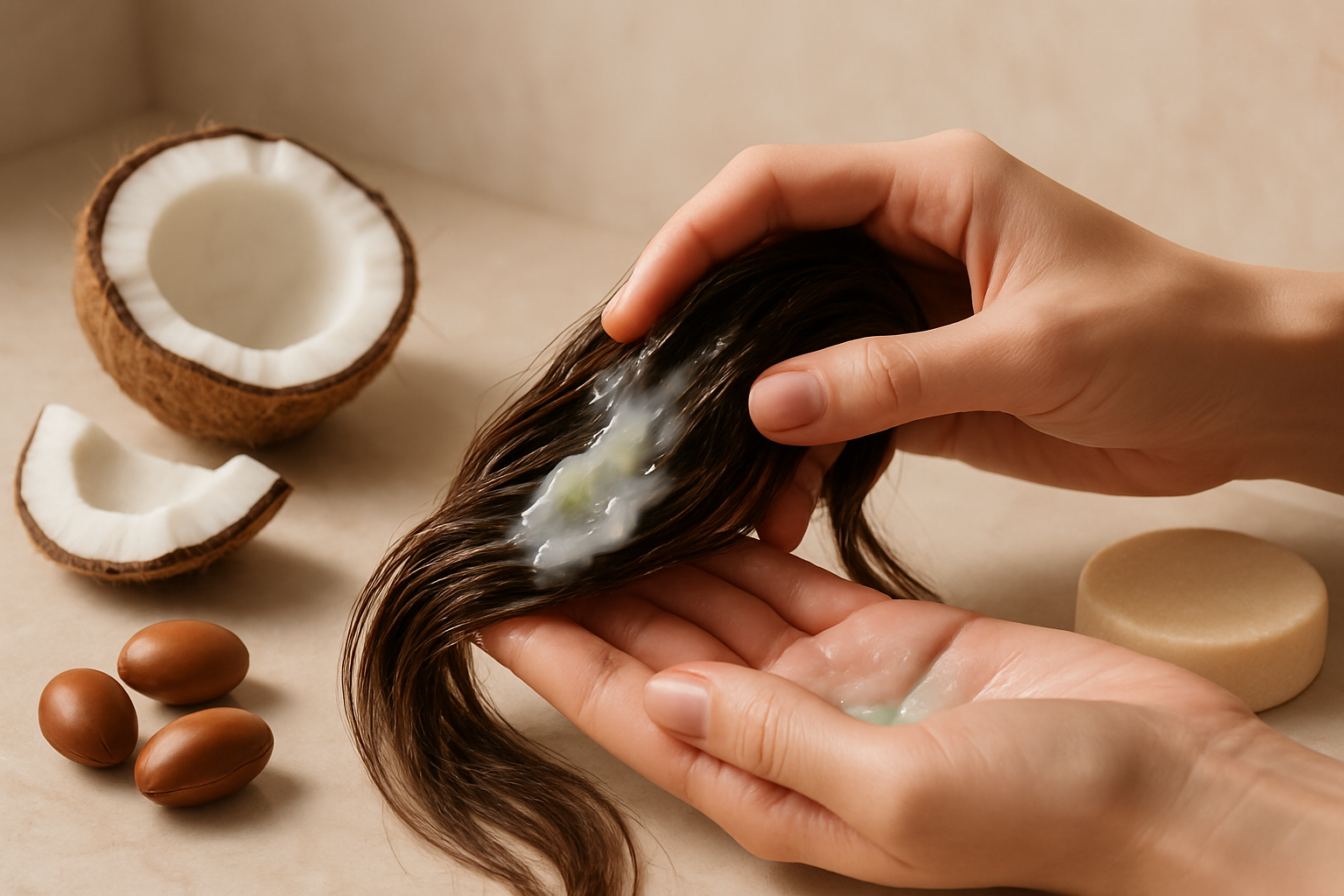Application d’un masque capillaire naturel sur cheveux bruns avec huiles et aloe
