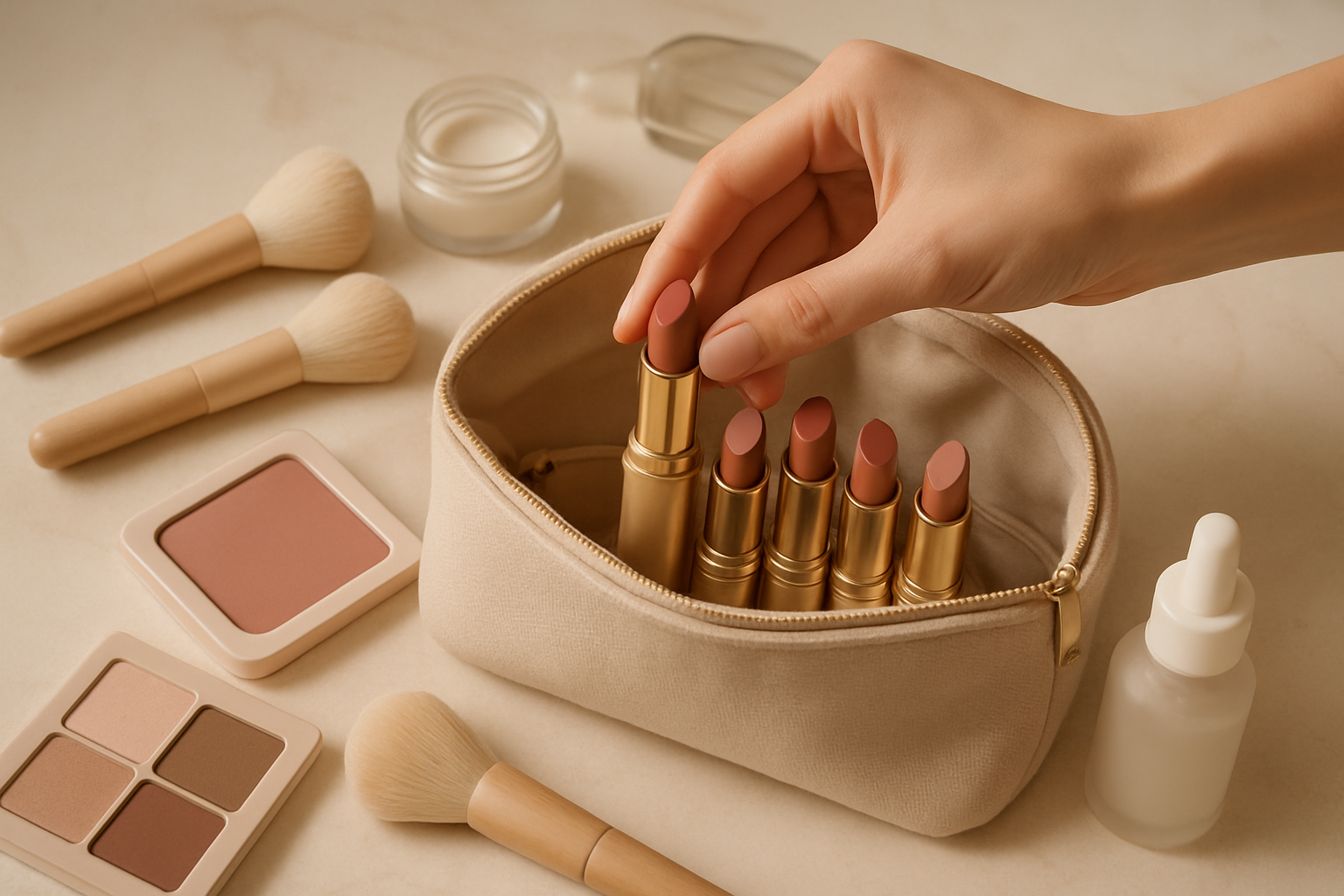 Main féminine sélectionnant un rouge à lèvres dans une trousse de maquillage complète.
