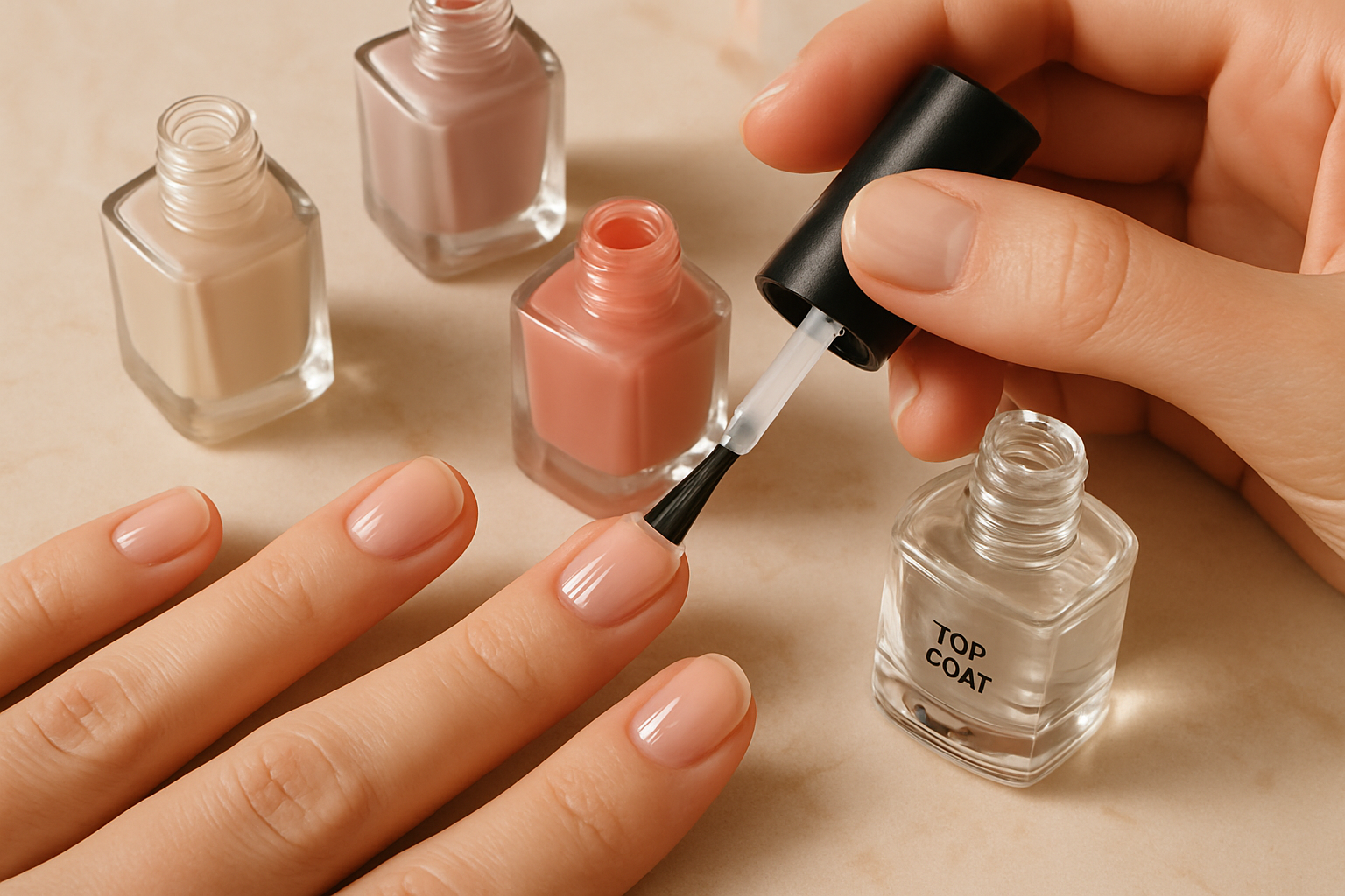 Application d'un vernis gel sans UV sur ongles courts et brillants