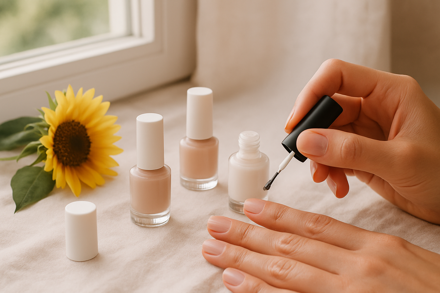 Main de femme appliquant du vernis, à côté de flacons clean, fenêtre ouverte pour l’aération.