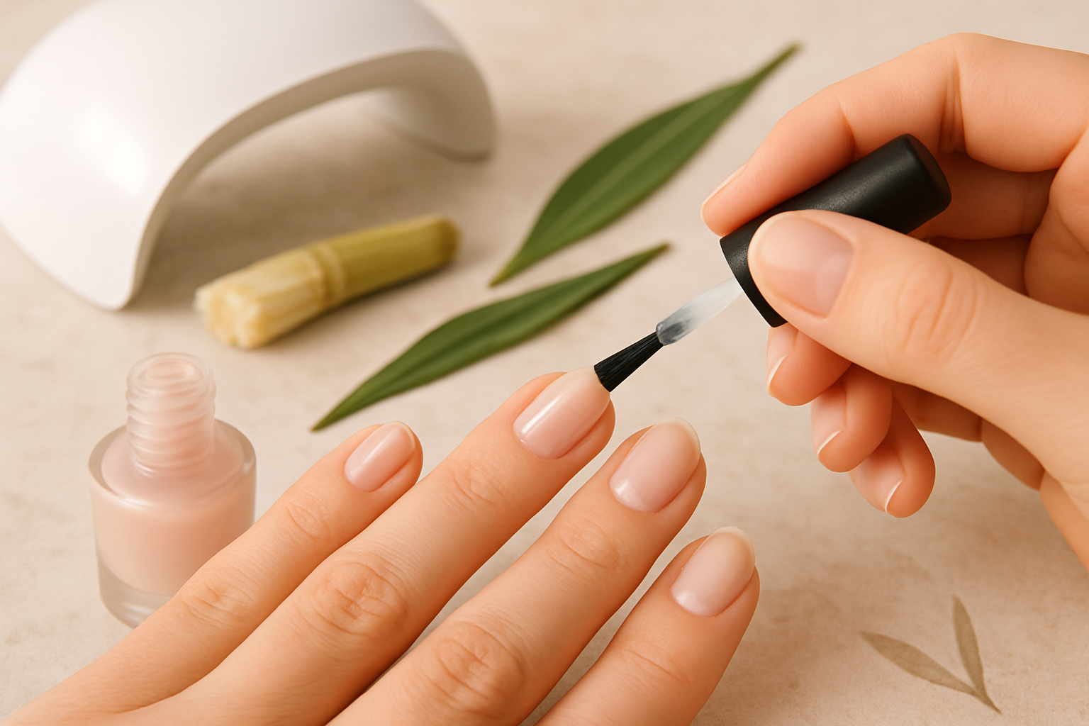 Application d’un vernis semi permanent naturel sous lampe LED avec ongle bien préparé