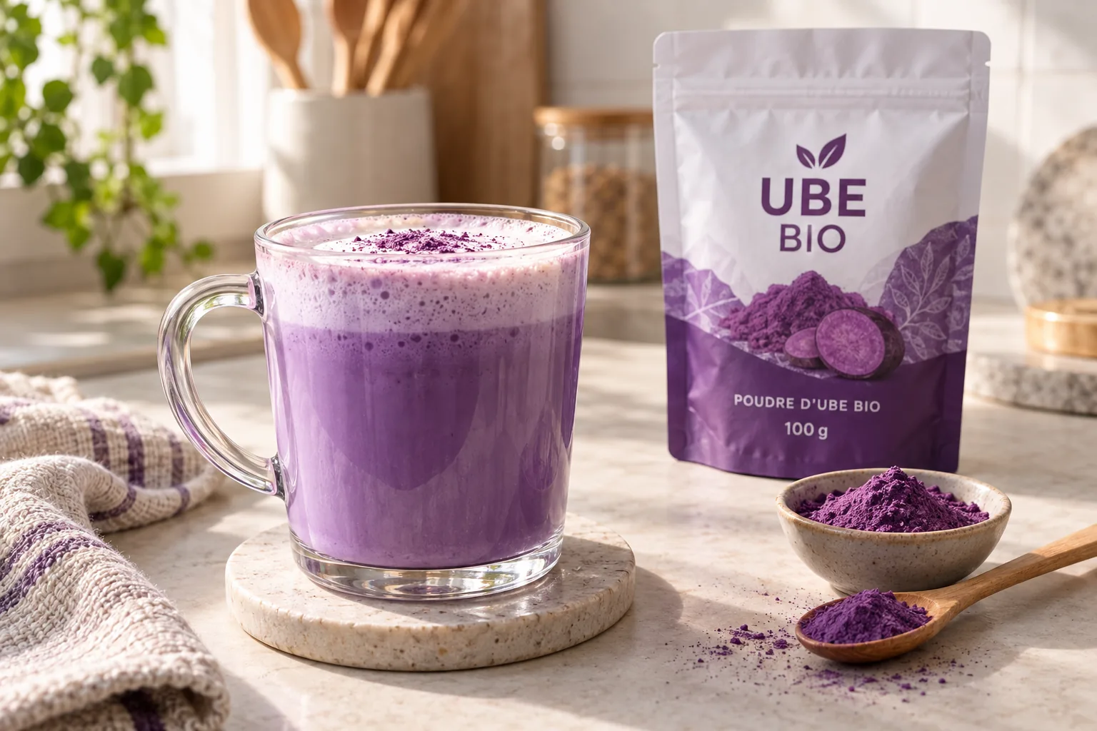 Latte violet avec un sachet UBE-BIO pour notre avis poudre ube bio